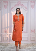 Juniper Orange Embellished Kurta Set with Net Dupatta and Mirror Embroidery | Grocsy
