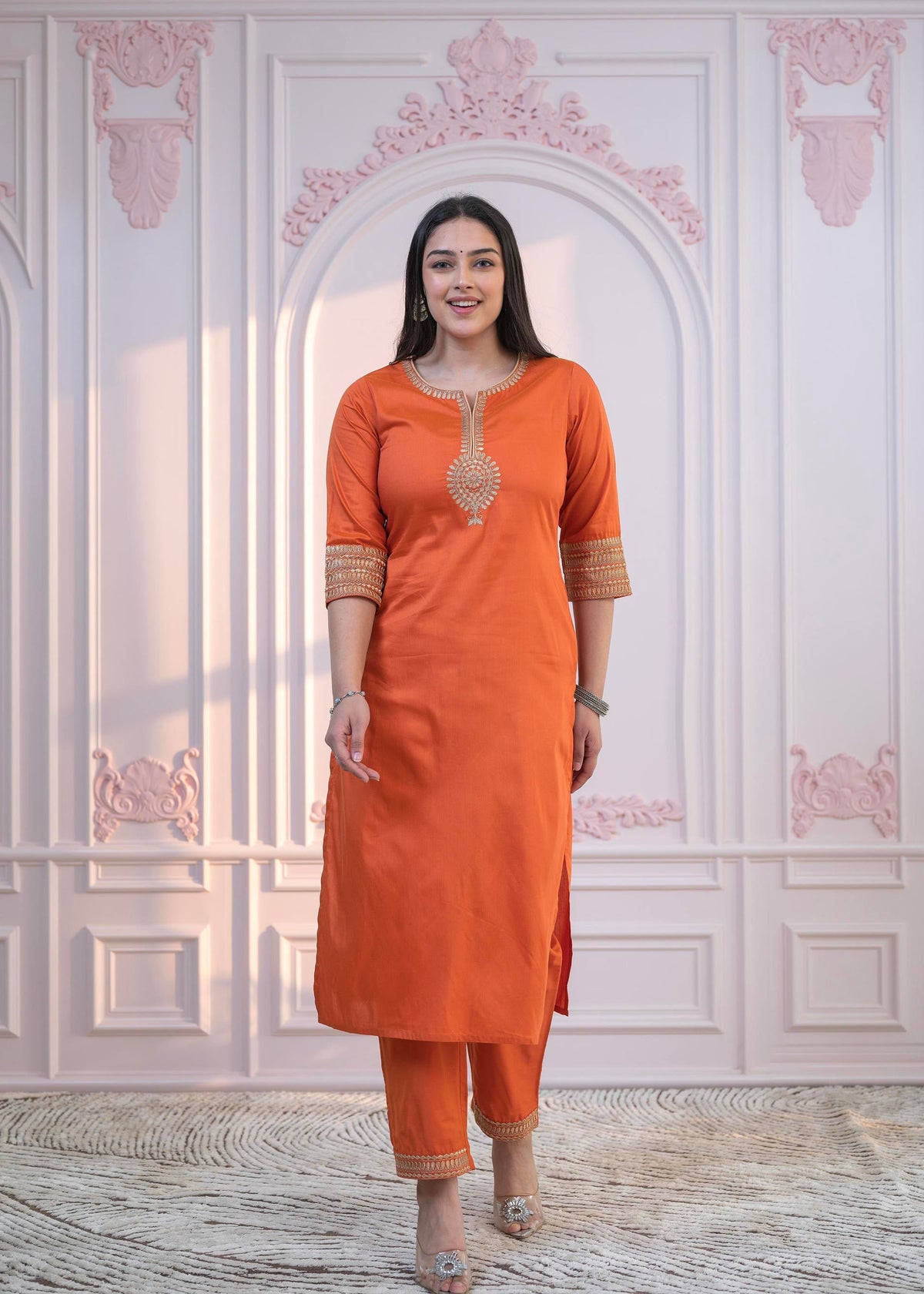 Juniper Orange Embellished Kurta Set with Net Dupatta and Mirror Embroidery | Grocsy