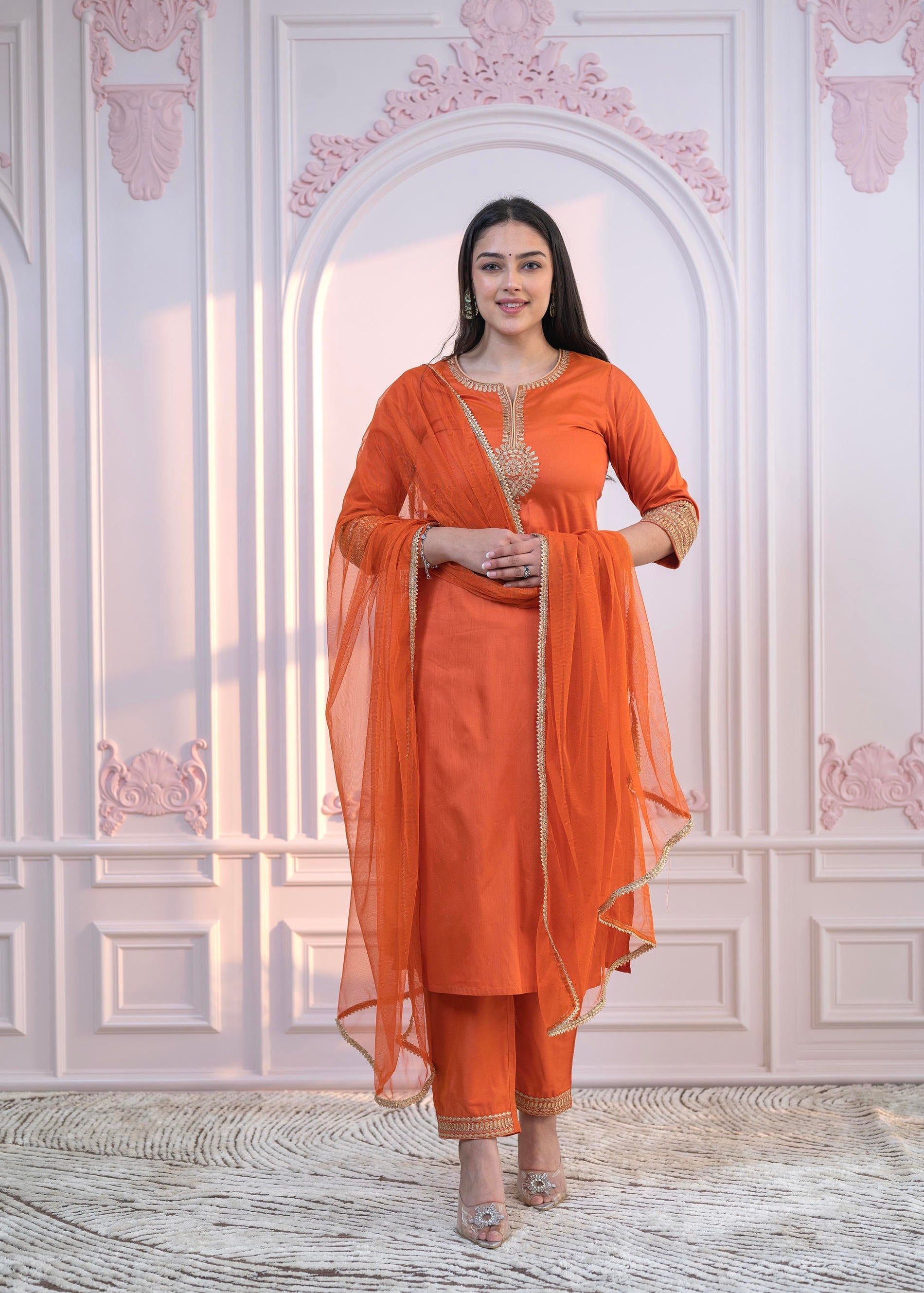 Juniper Orange Embellished Kurta Set with Net Dupatta and Mirror Embroidery | Grocsy