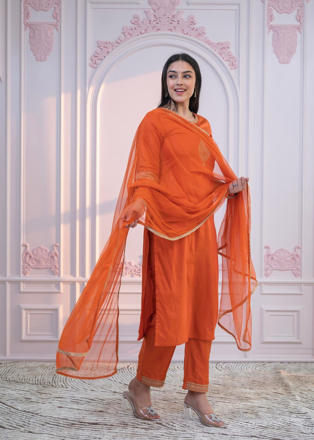 Juniper Orange Embellished Kurta Set with Net Dupatta and Mirror Embroidery | Grocsy