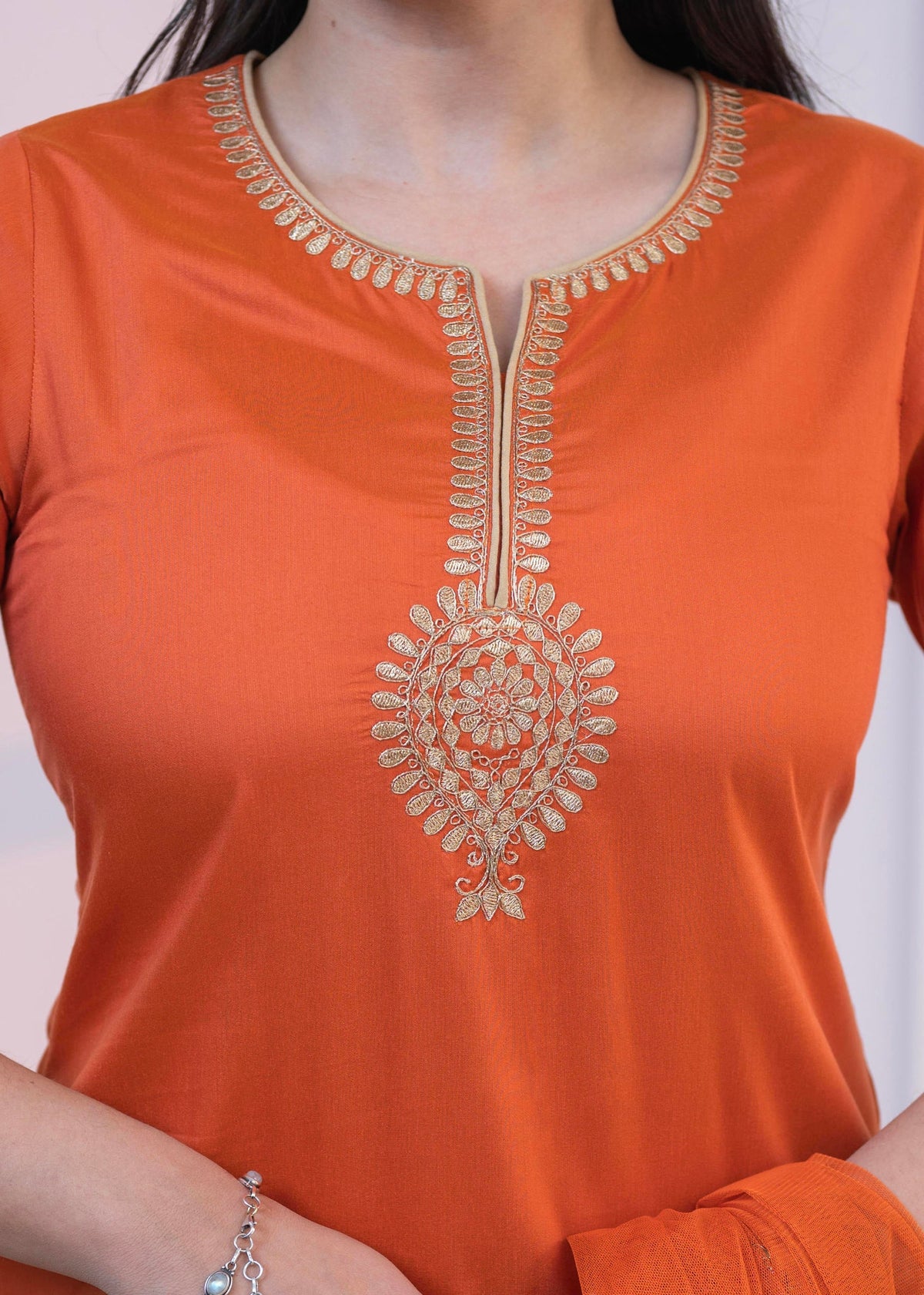 Juniper Orange Embellished Kurta Set with Net Dupatta and Mirror Embroidery | Grocsy