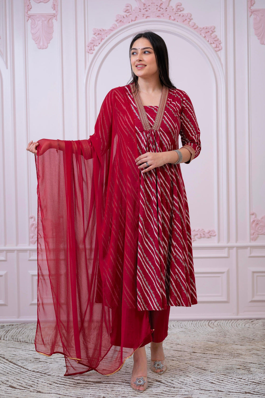 Juniper Maroon Angrakha-Style Kurta Set with Gota Work and Dupatta | Grocsy