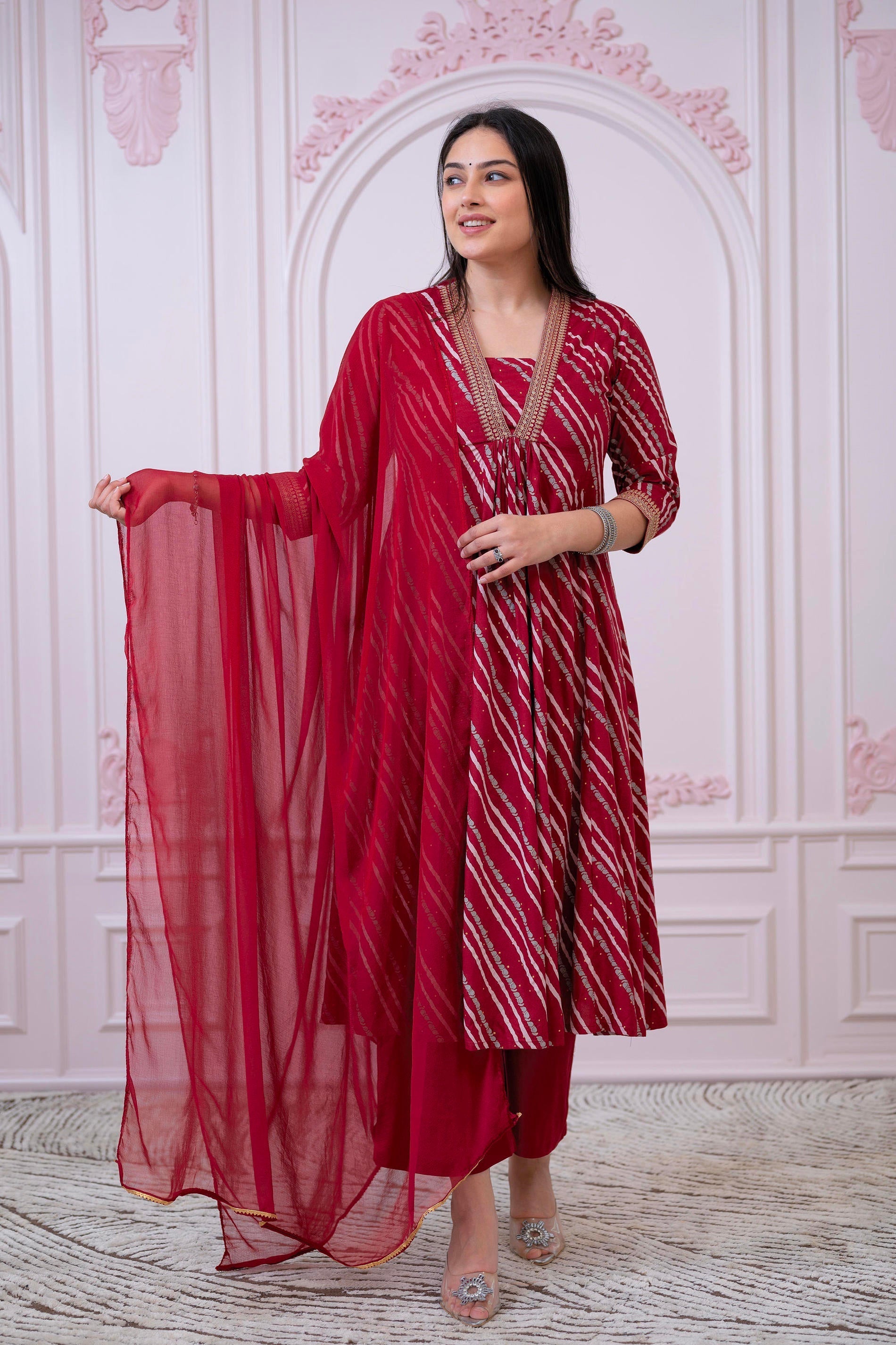 Juniper Maroon Angrakha-Style Kurta Set with Gota Work and Dupatta | Grocsy