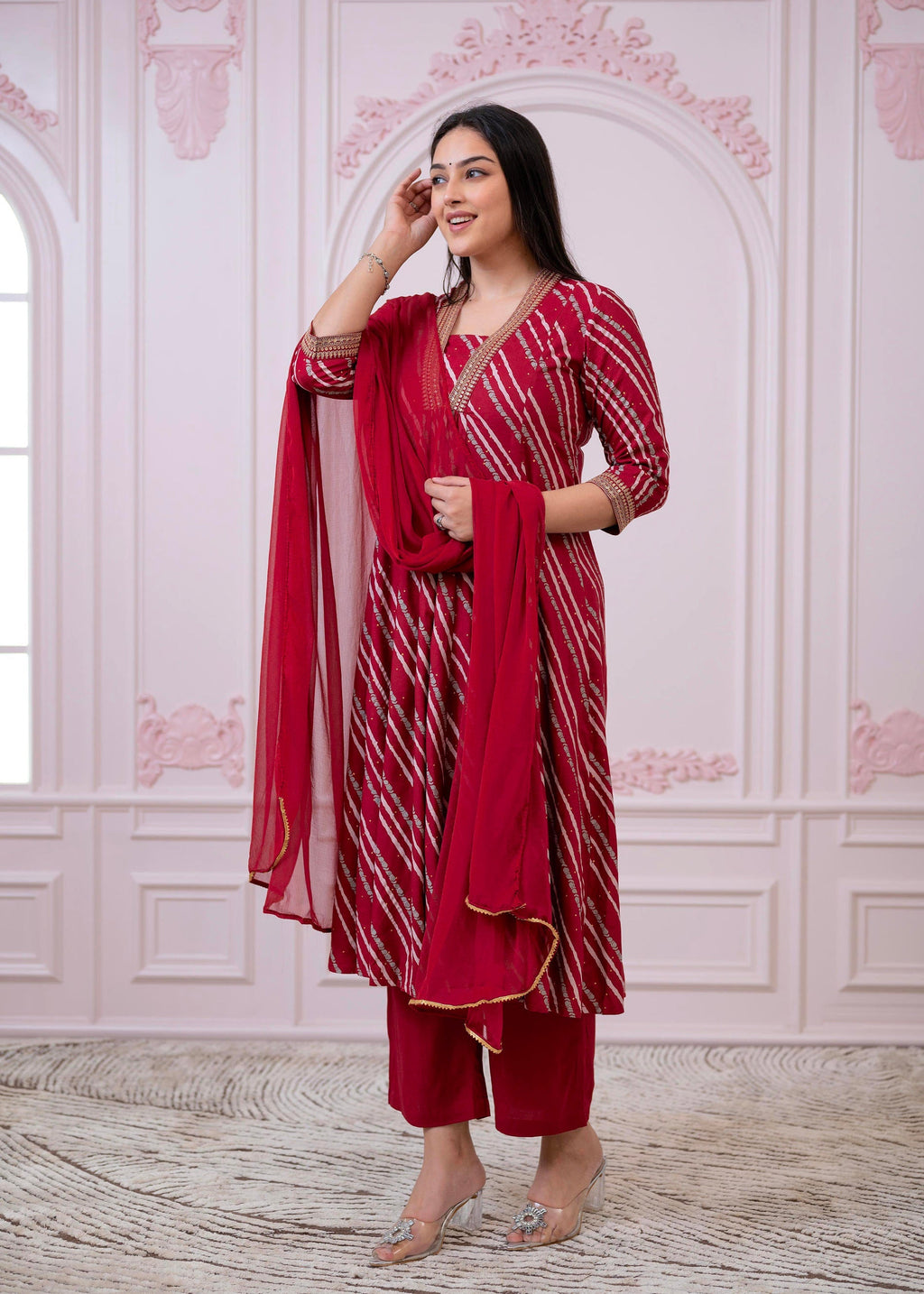 Juniper Maroon Angrakha-Style Kurta Set with Gota Work and Dupatta | Grocsy