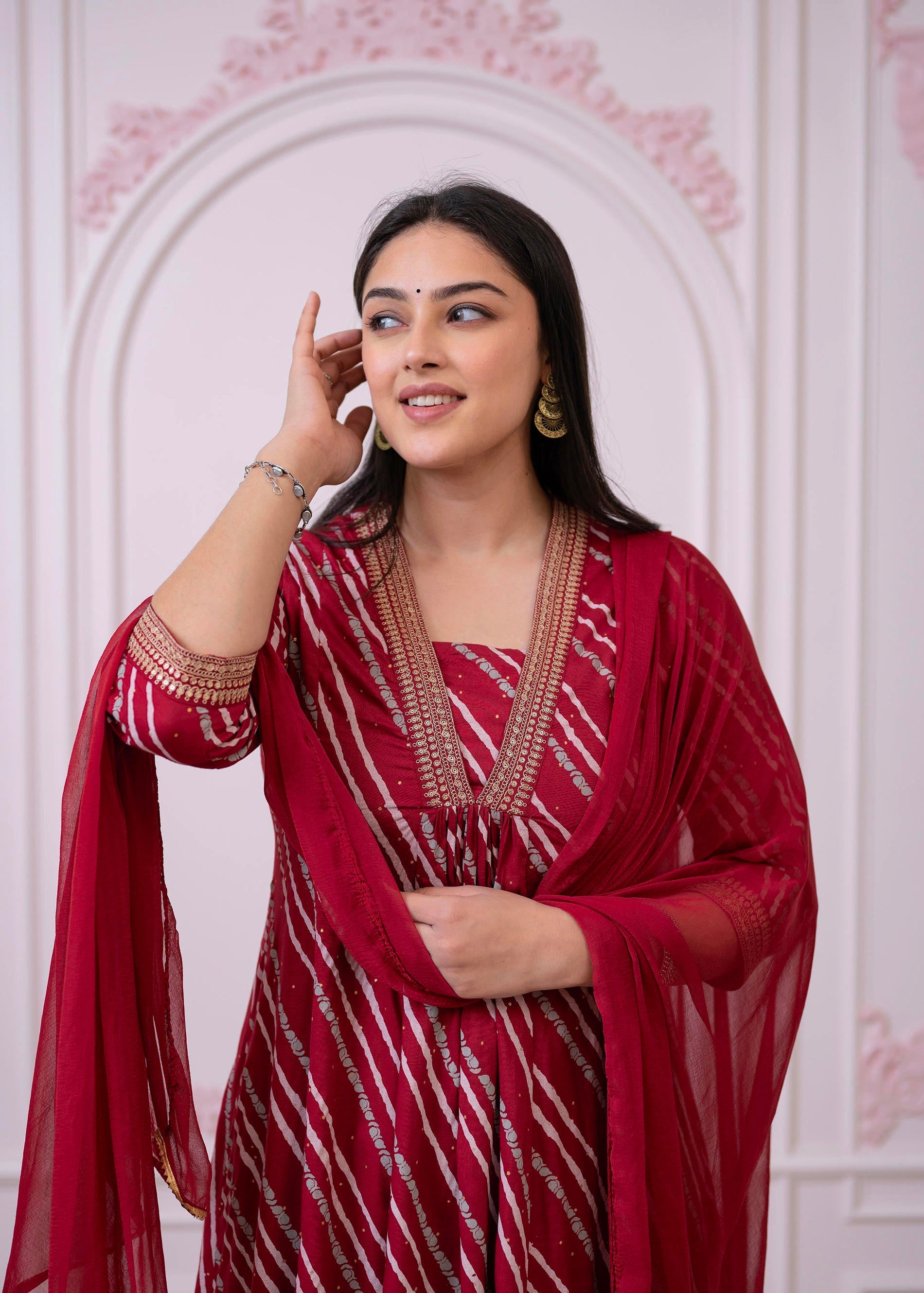 Juniper Maroon Angrakha-Style Kurta Set with Gota Work and Dupatta | Grocsy