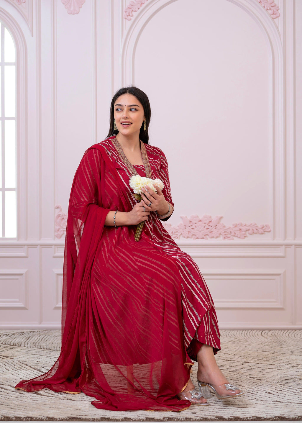 Juniper Maroon Angrakha-Style Kurta Set with Gota Work and Dupatta | Grocsy
