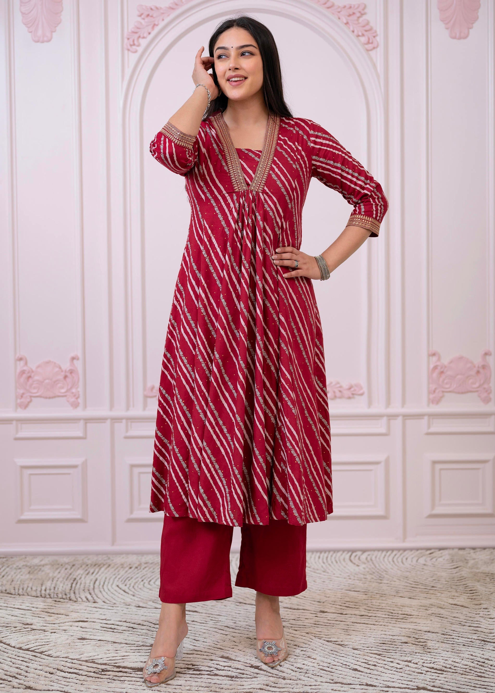 Juniper Maroon Angrakha-Style Kurta Set with Gota Work and Dupatta | Grocsy