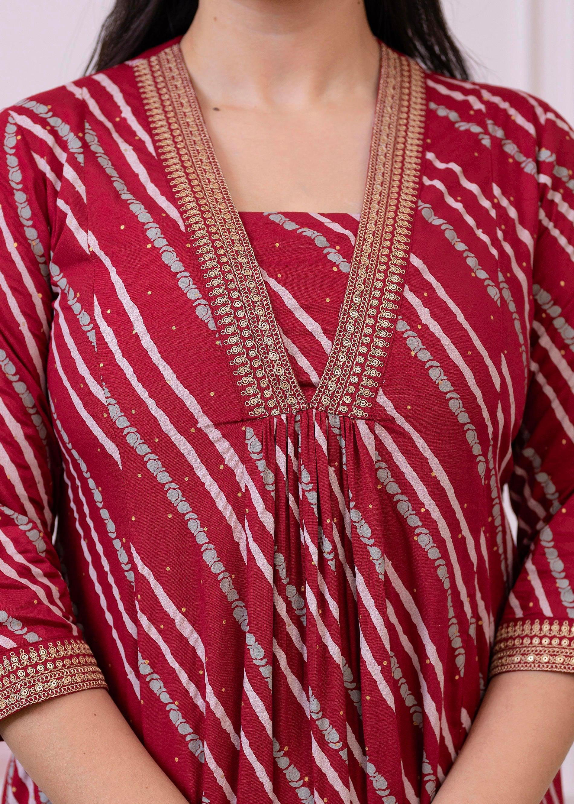 Juniper Maroon Angrakha-Style Kurta Set with Gota Work and Dupatta | Grocsy