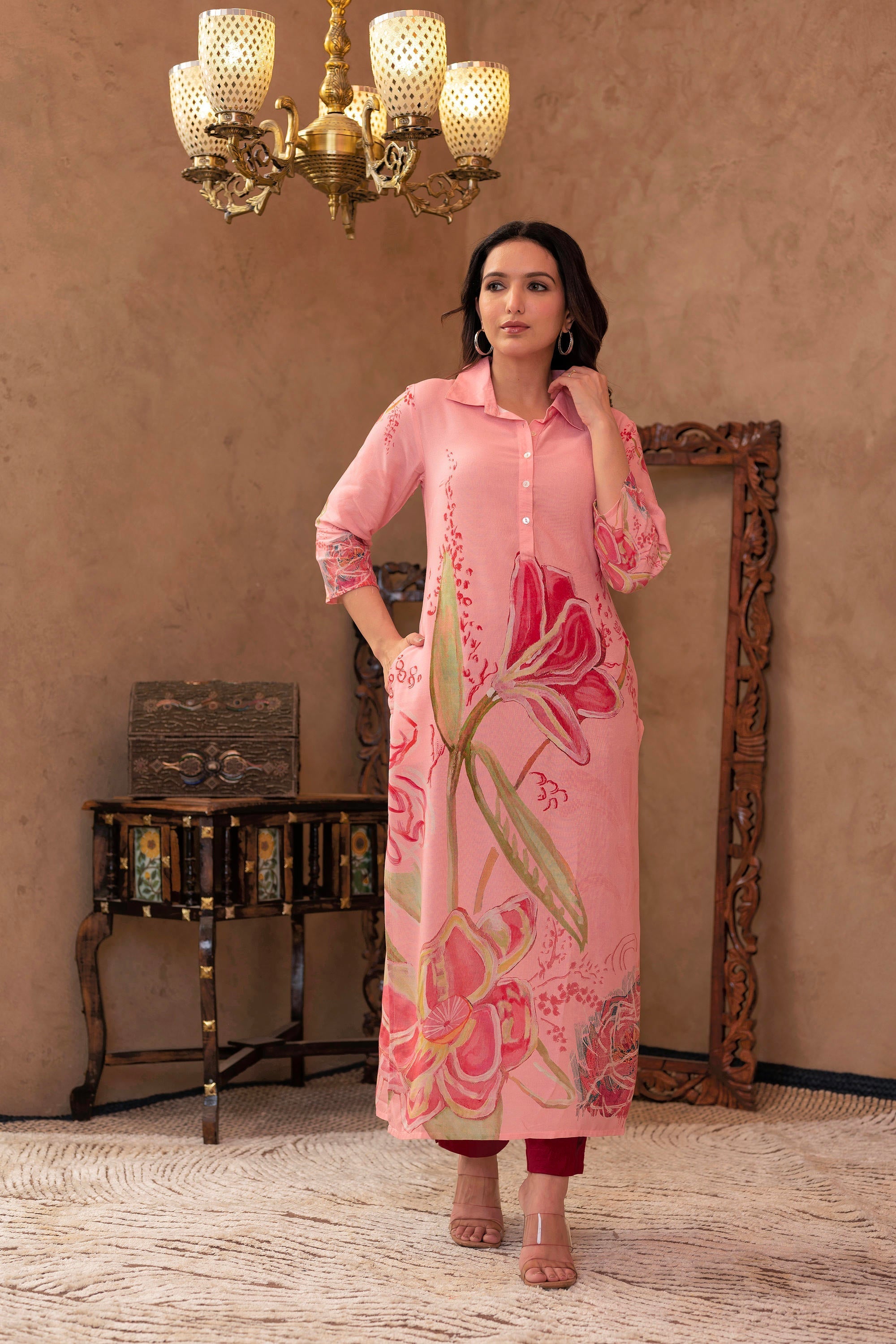 Juniper Pink Floral Printed Viscose Kurta with Button Detailing | Grocsy