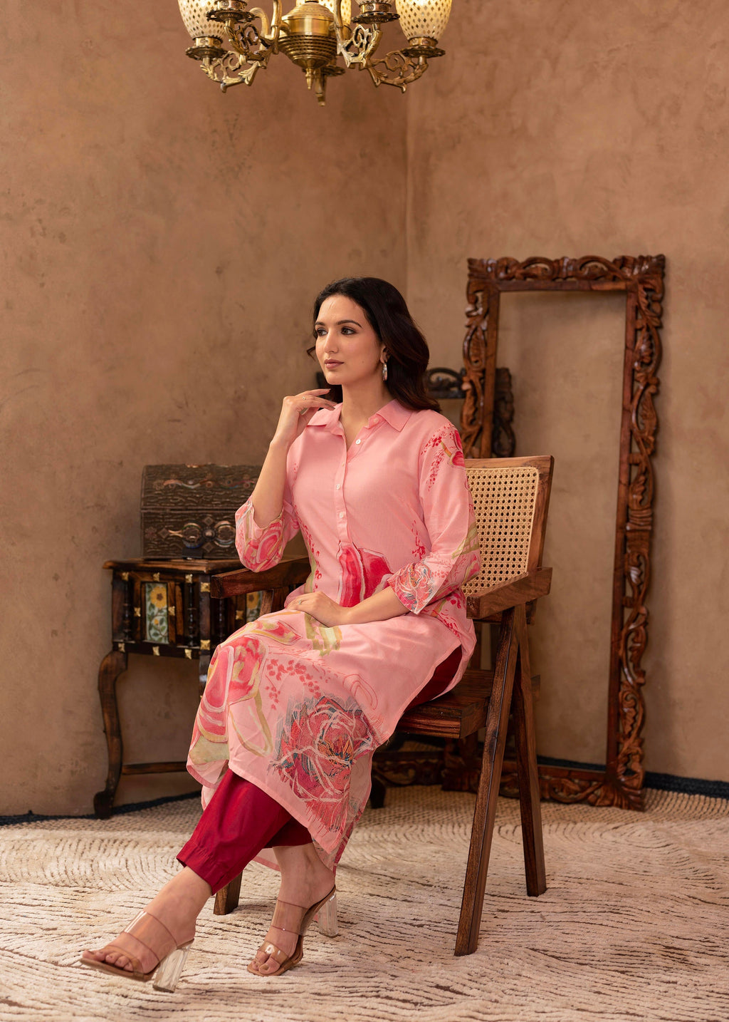Juniper Pink Floral Printed Viscose Kurta with Button Detailing | Grocsy