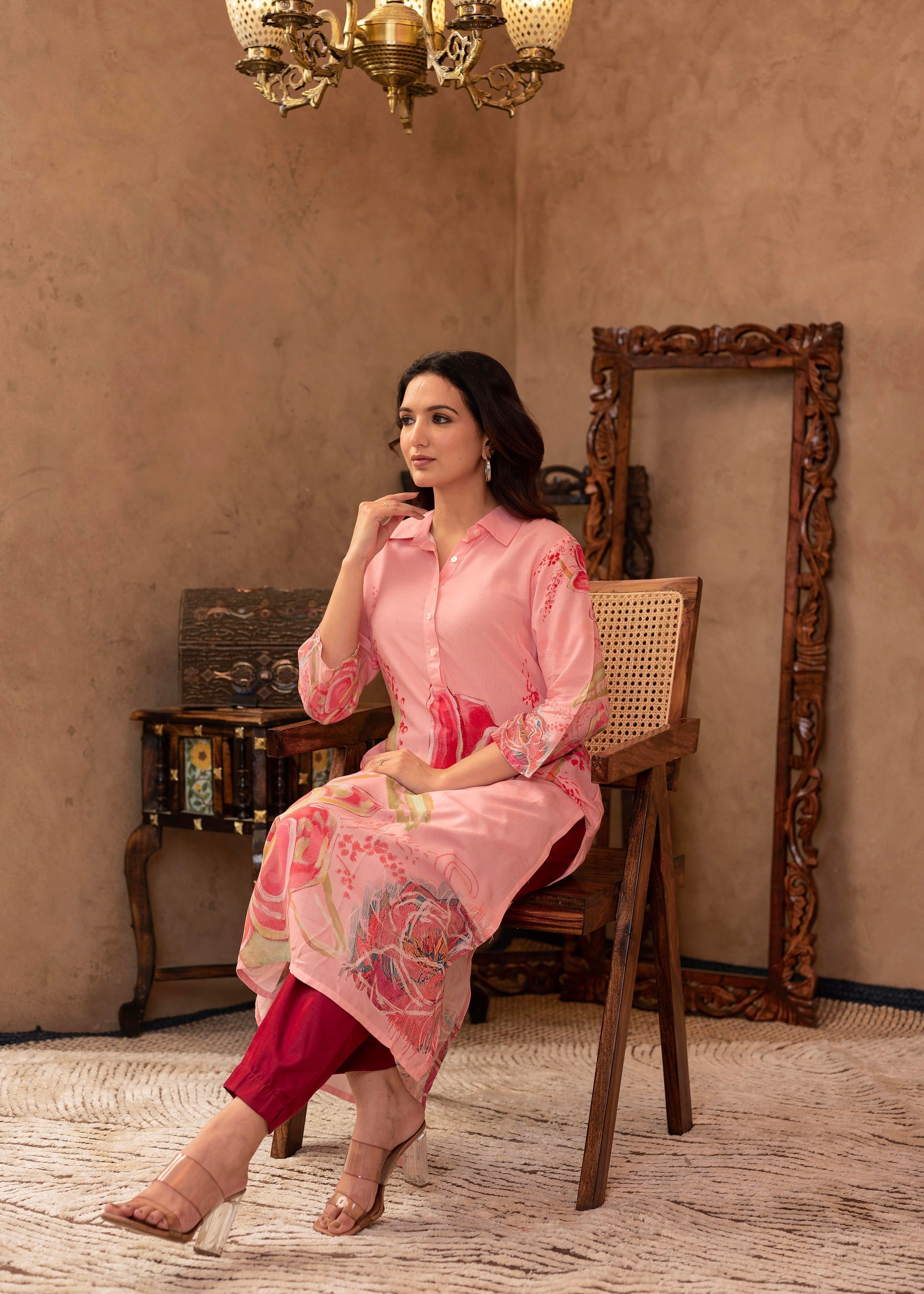 Juniper Pink Floral Printed Viscose Kurta with Button Detailing | Grocsy
