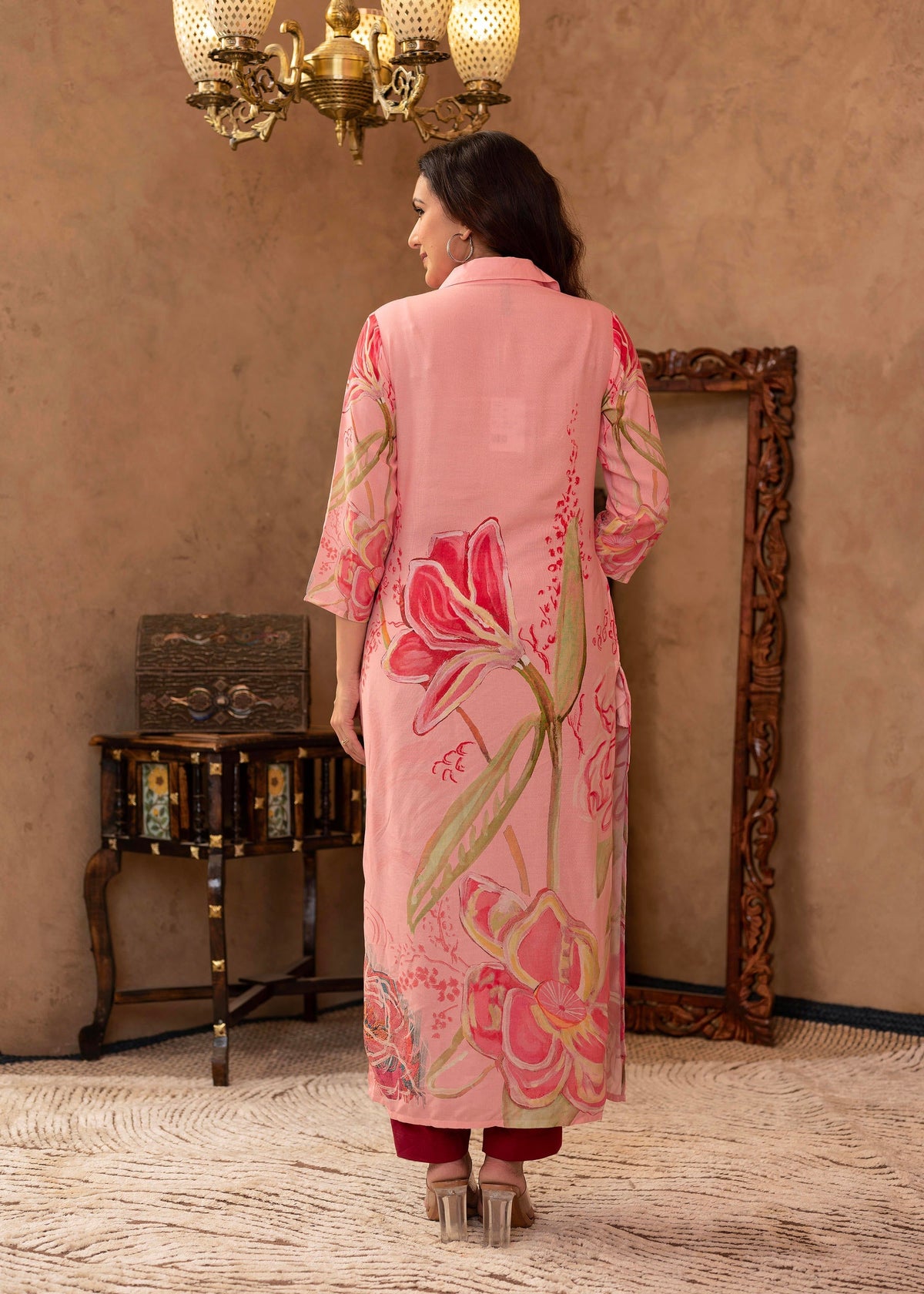 Juniper Pink Floral Printed Viscose Kurta with Button Detailing | Grocsy