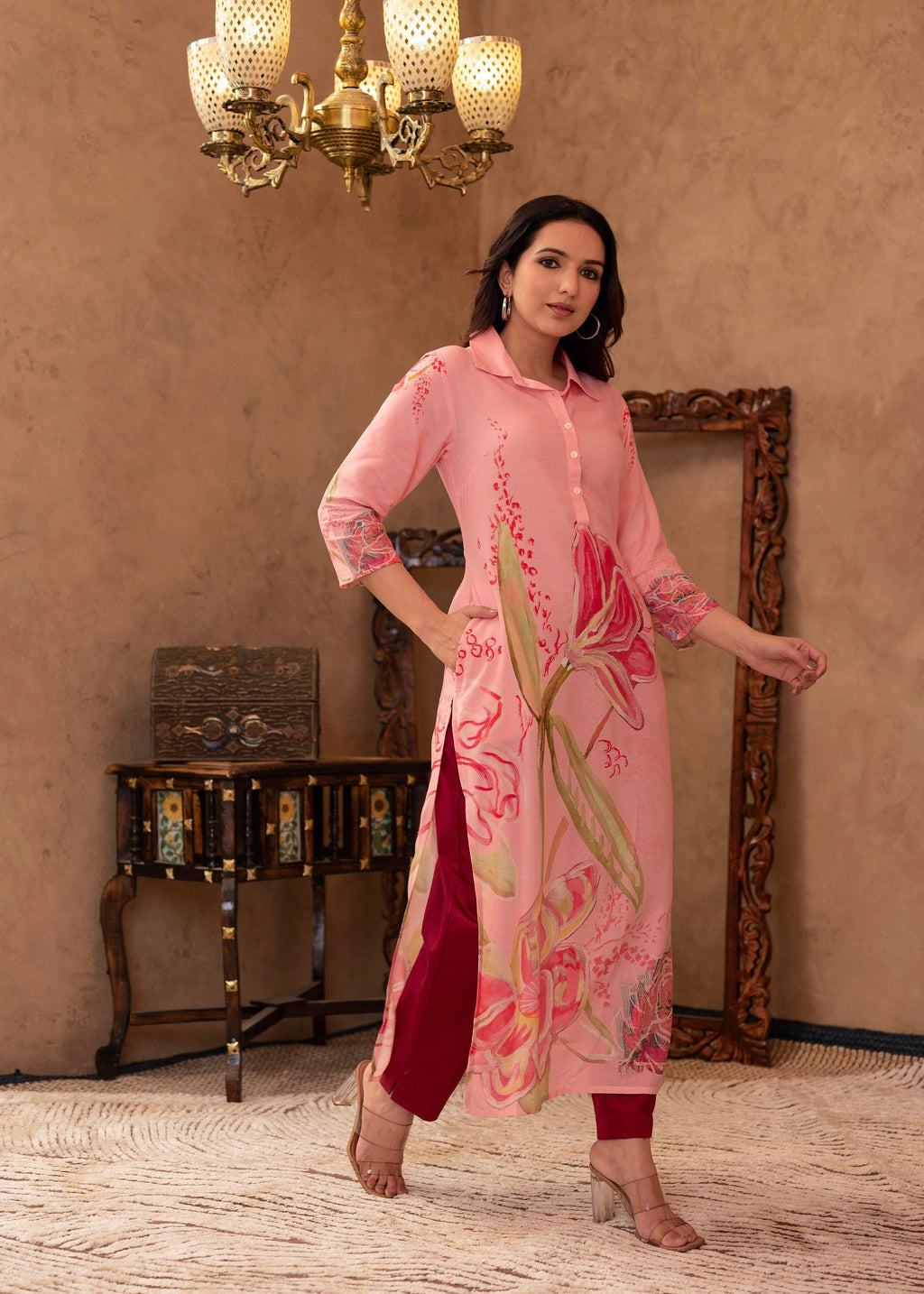 Juniper Pink Floral Printed Viscose Kurta with Button Detailing | Grocsy
