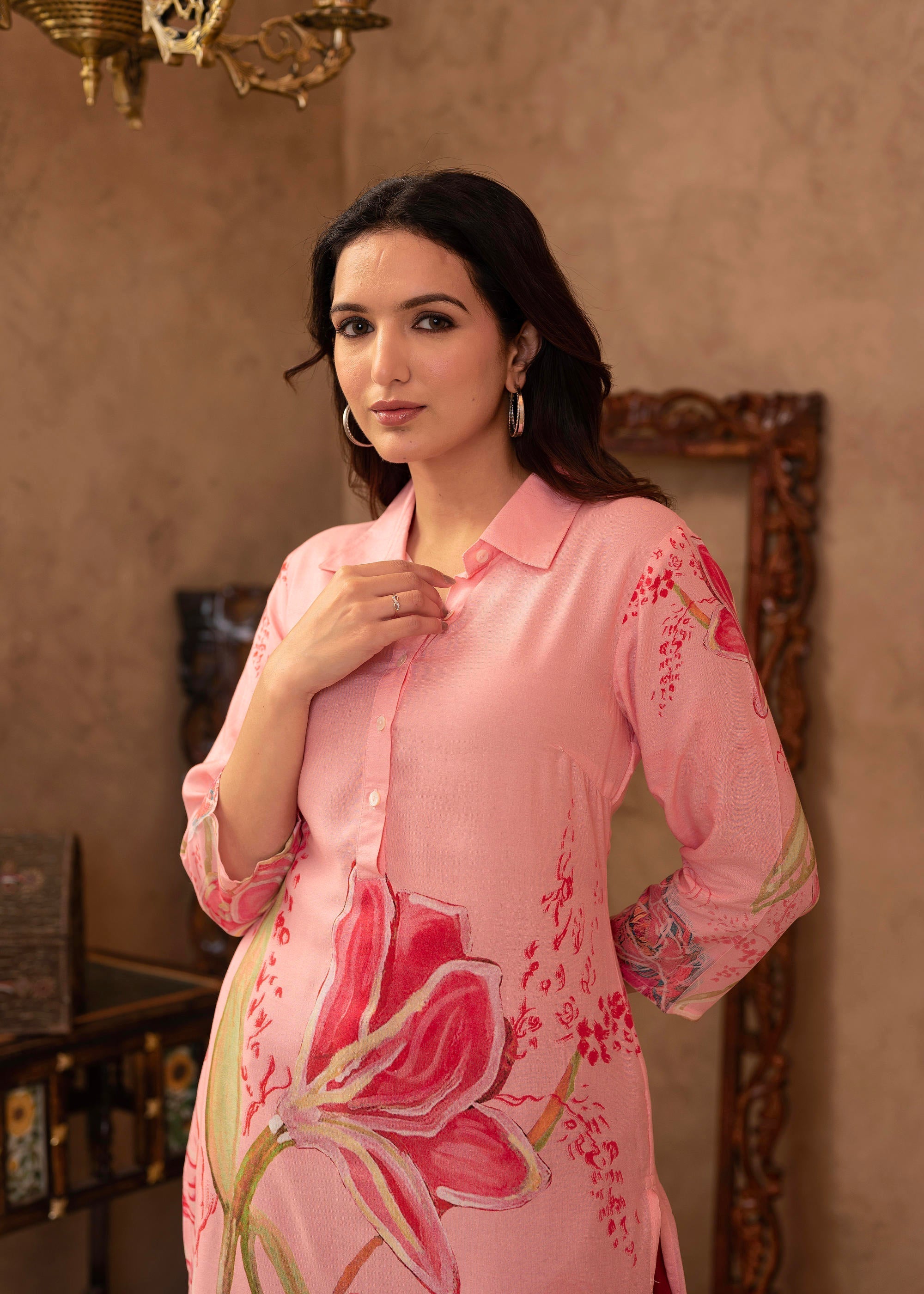 Juniper Pink Floral Printed Viscose Kurta with Button Detailing | Grocsy