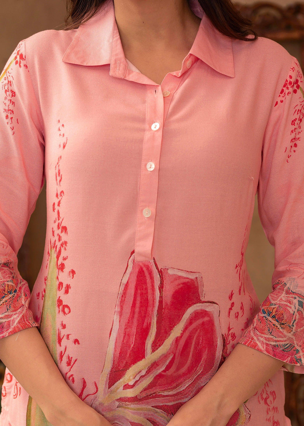 Juniper Pink Floral Printed Viscose Kurta with Button Detailing | Grocsy