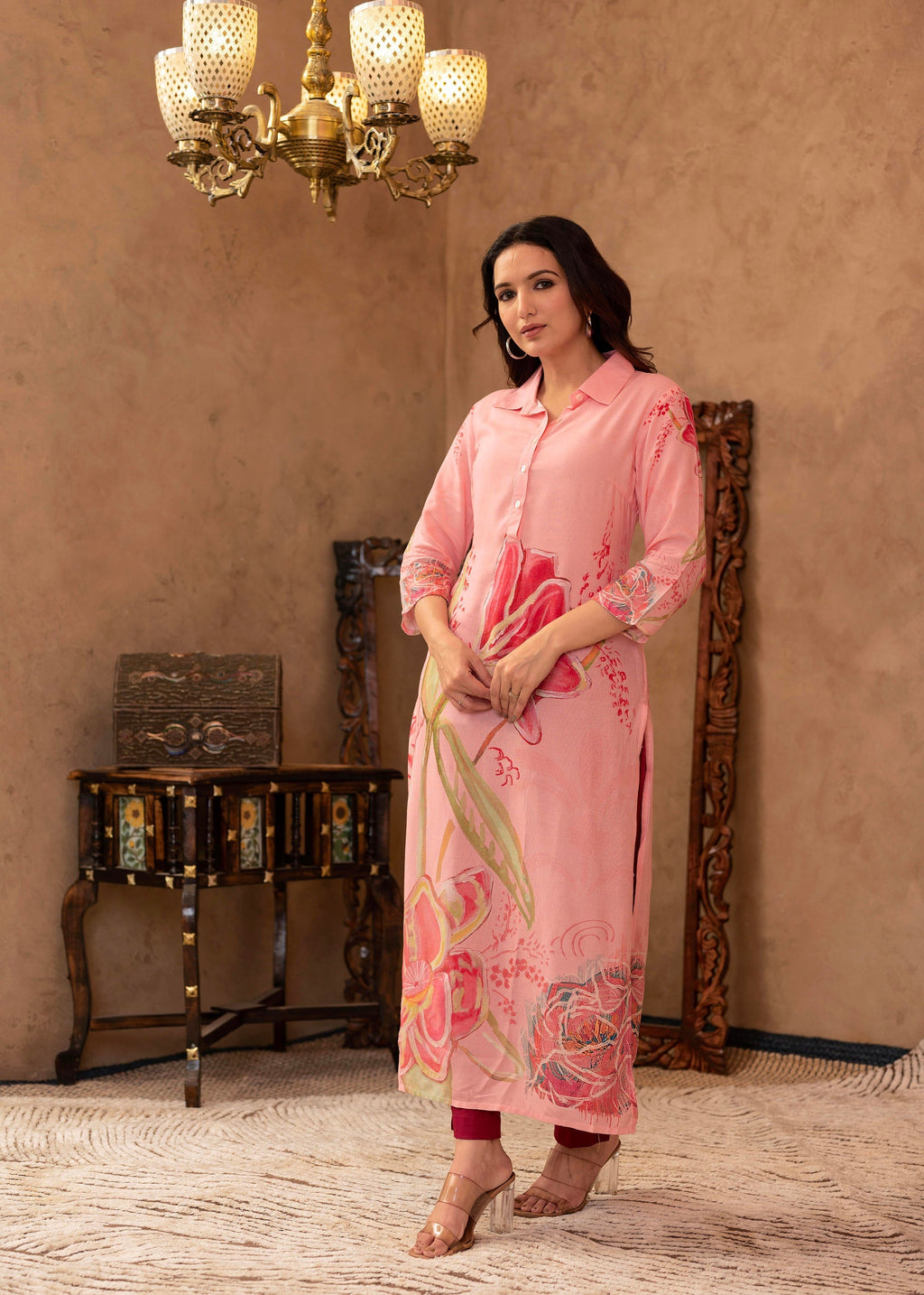 Juniper Pink Floral Printed Viscose Kurta with Button Detailing | Grocsy