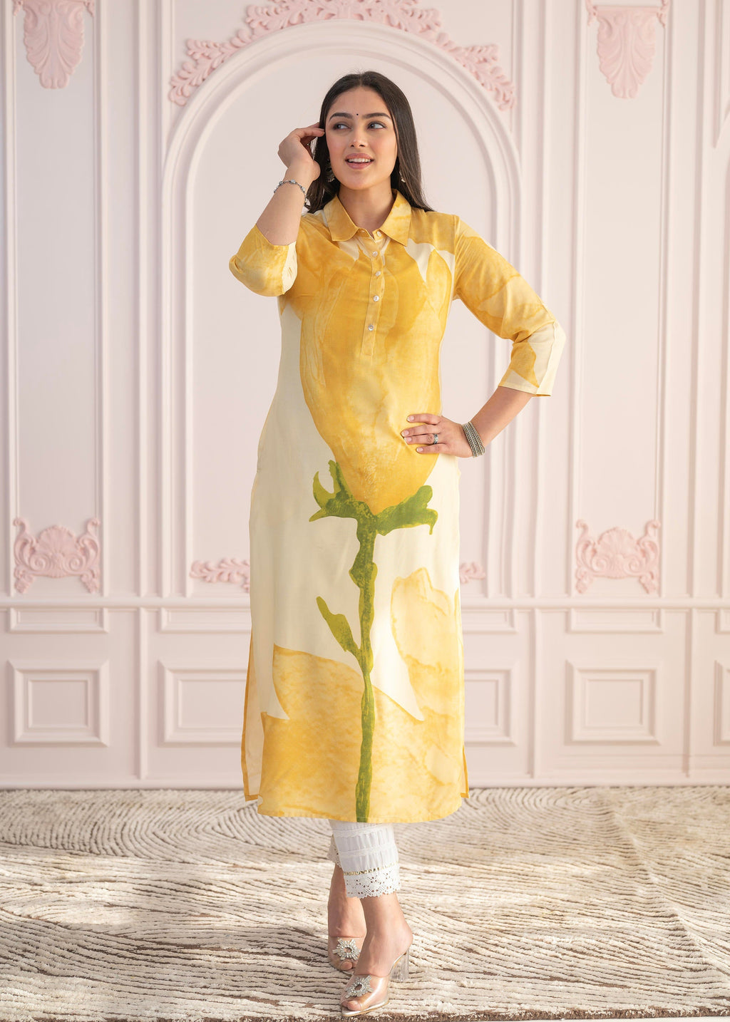 Juniper Yellow Floral Printed Viscose Kurta with Button Details | Grocsy