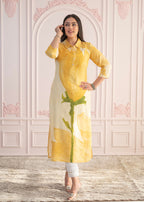 Juniper Yellow Floral Printed Viscose Kurta with Button Details | Grocsy