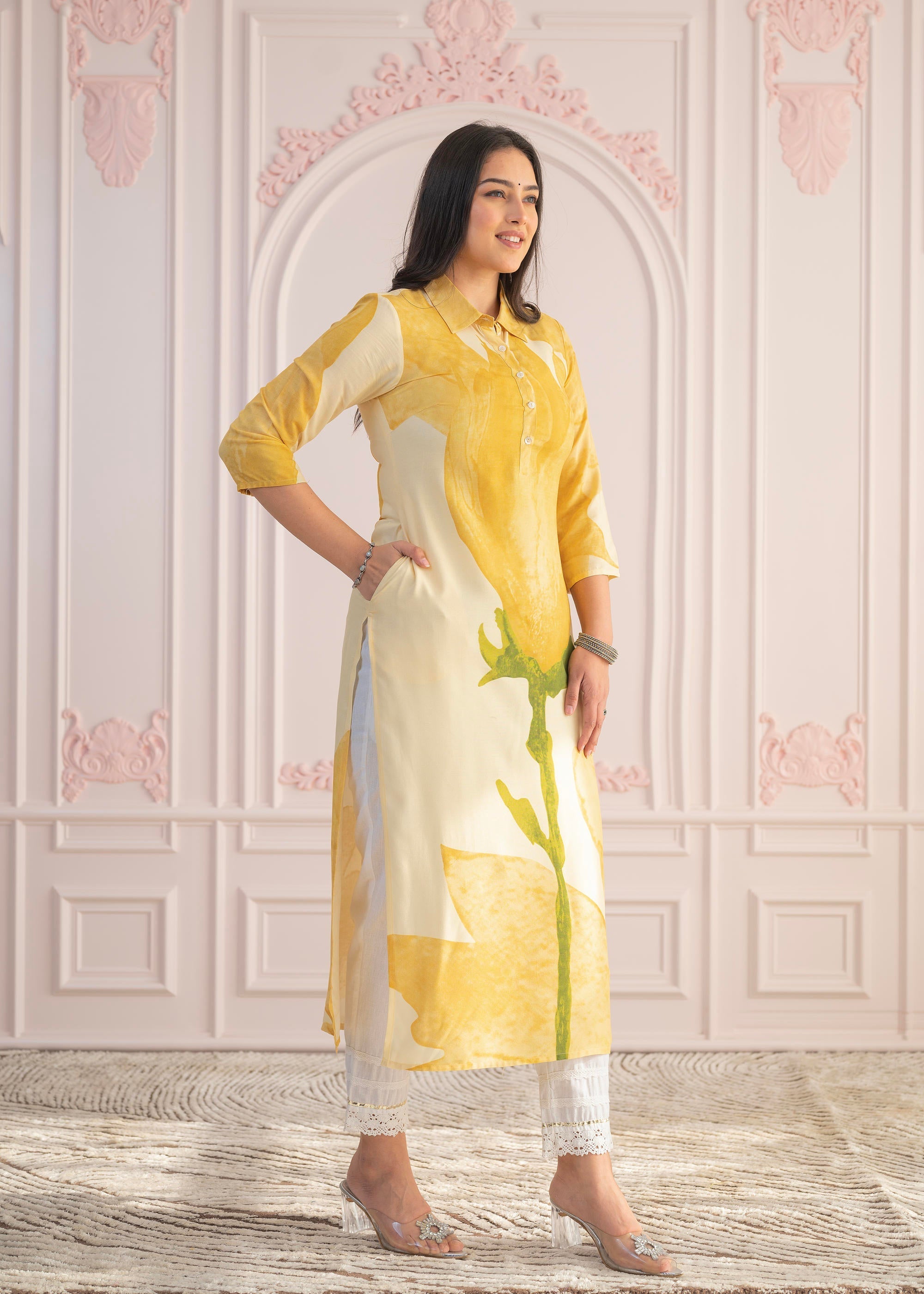 Juniper Yellow Floral Printed Viscose Kurta with Button Details | Grocsy