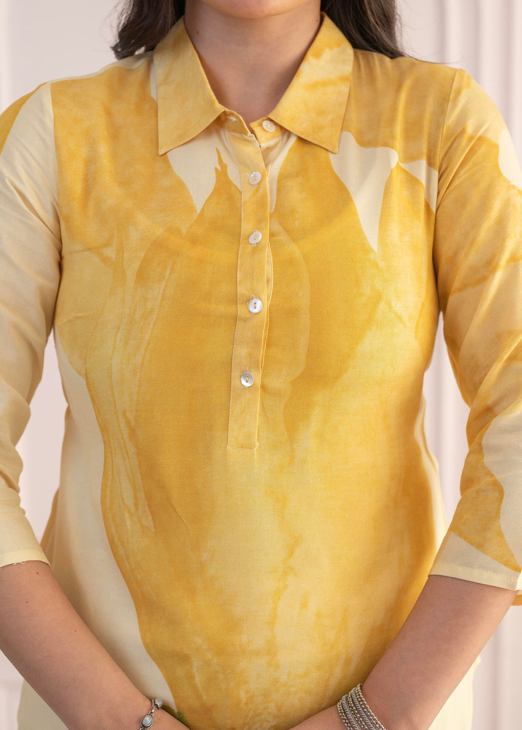 Juniper Yellow Floral Printed Viscose Kurta with Button Details | Grocsy