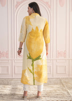 Juniper Yellow Floral Printed Viscose Kurta with Button Details | Grocsy