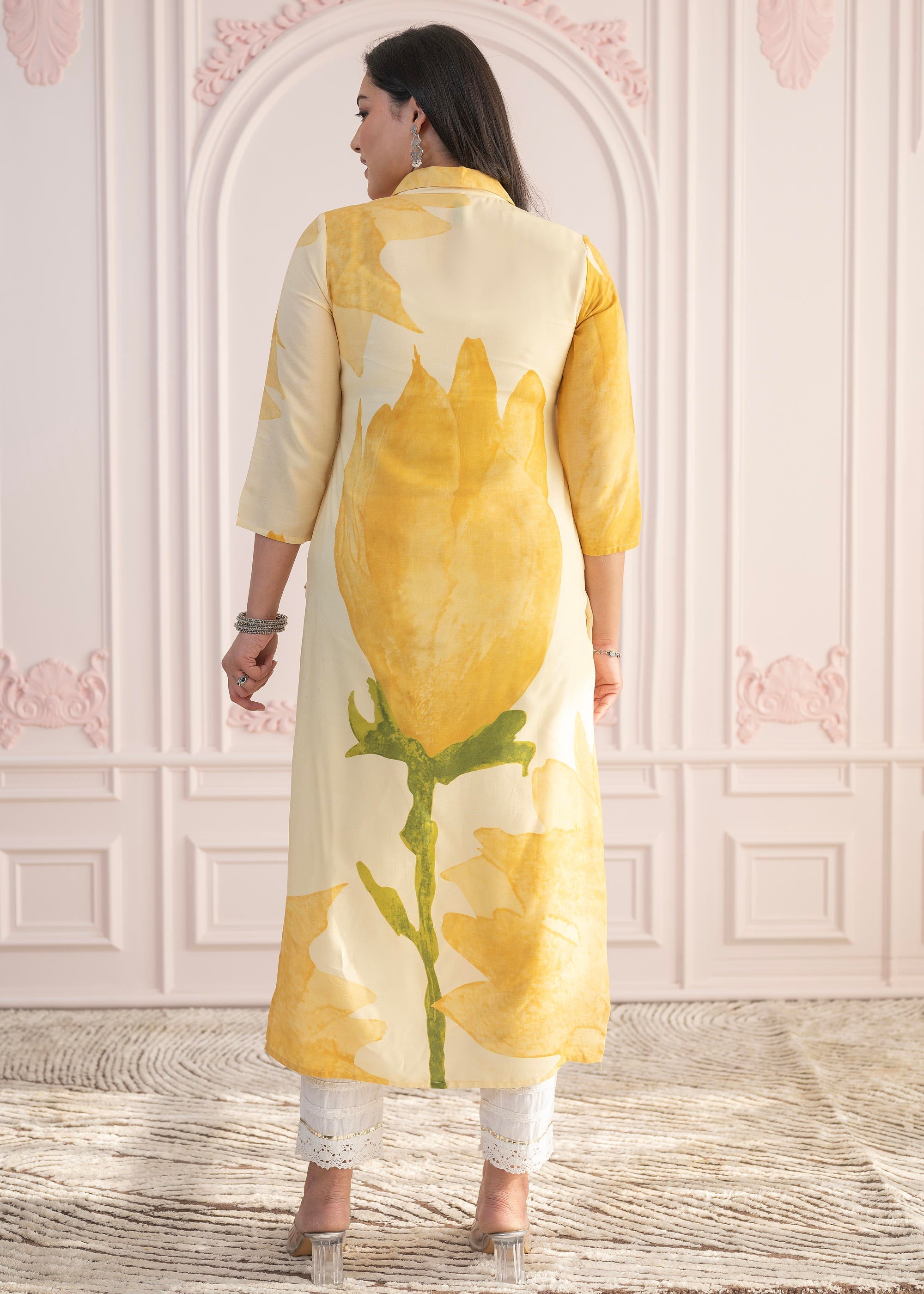 Juniper Yellow Floral Printed Viscose Kurta with Button Details | Grocsy