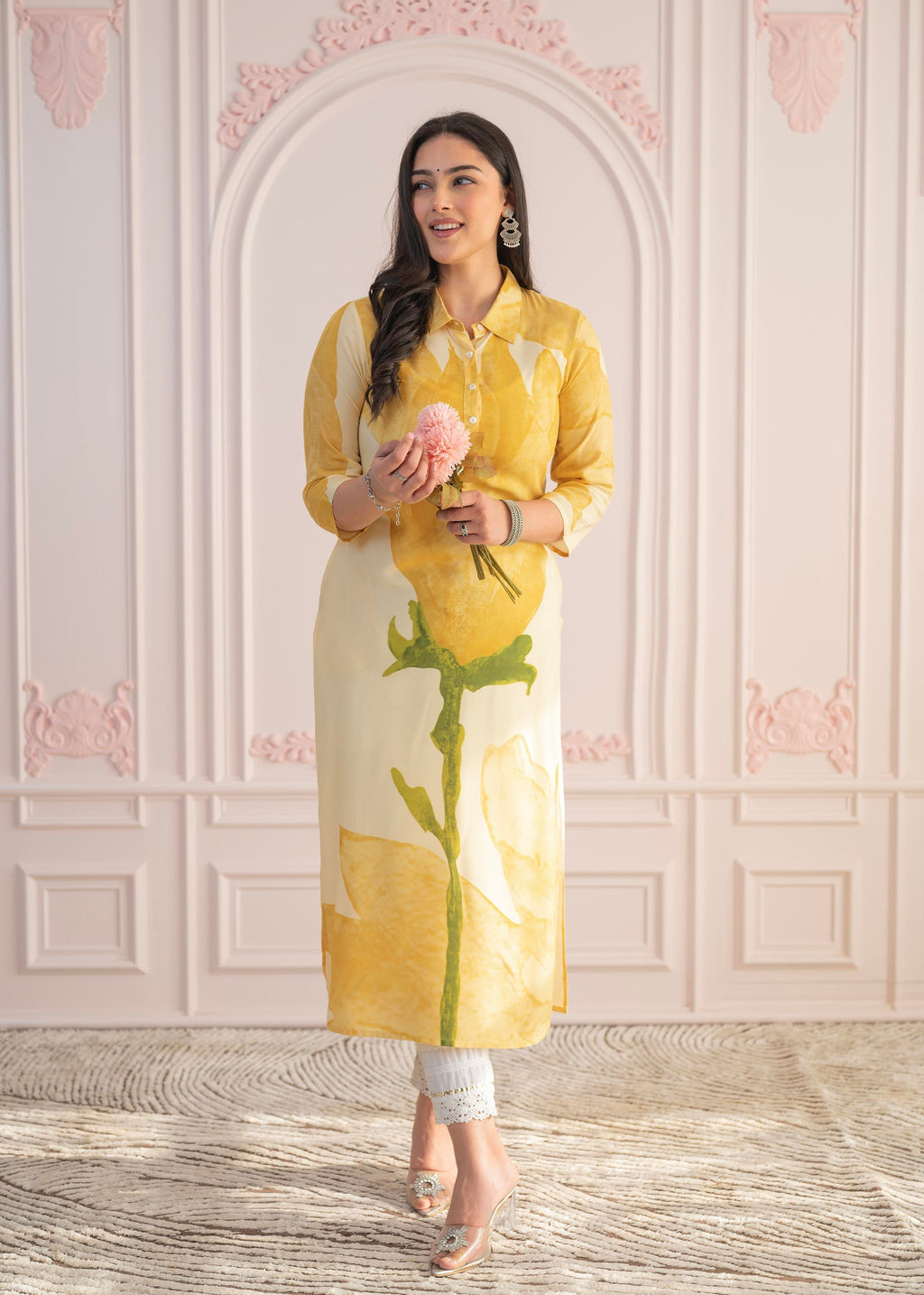 Juniper Yellow Floral Printed Viscose Kurta with Button Details | Grocsy