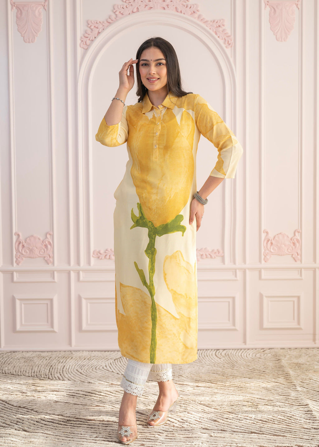 Juniper Yellow Floral Printed Viscose Kurta with Button Details | Grocsy