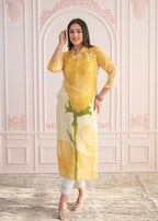 Juniper Yellow Floral Printed Viscose Kurta with Button Details | Grocsy