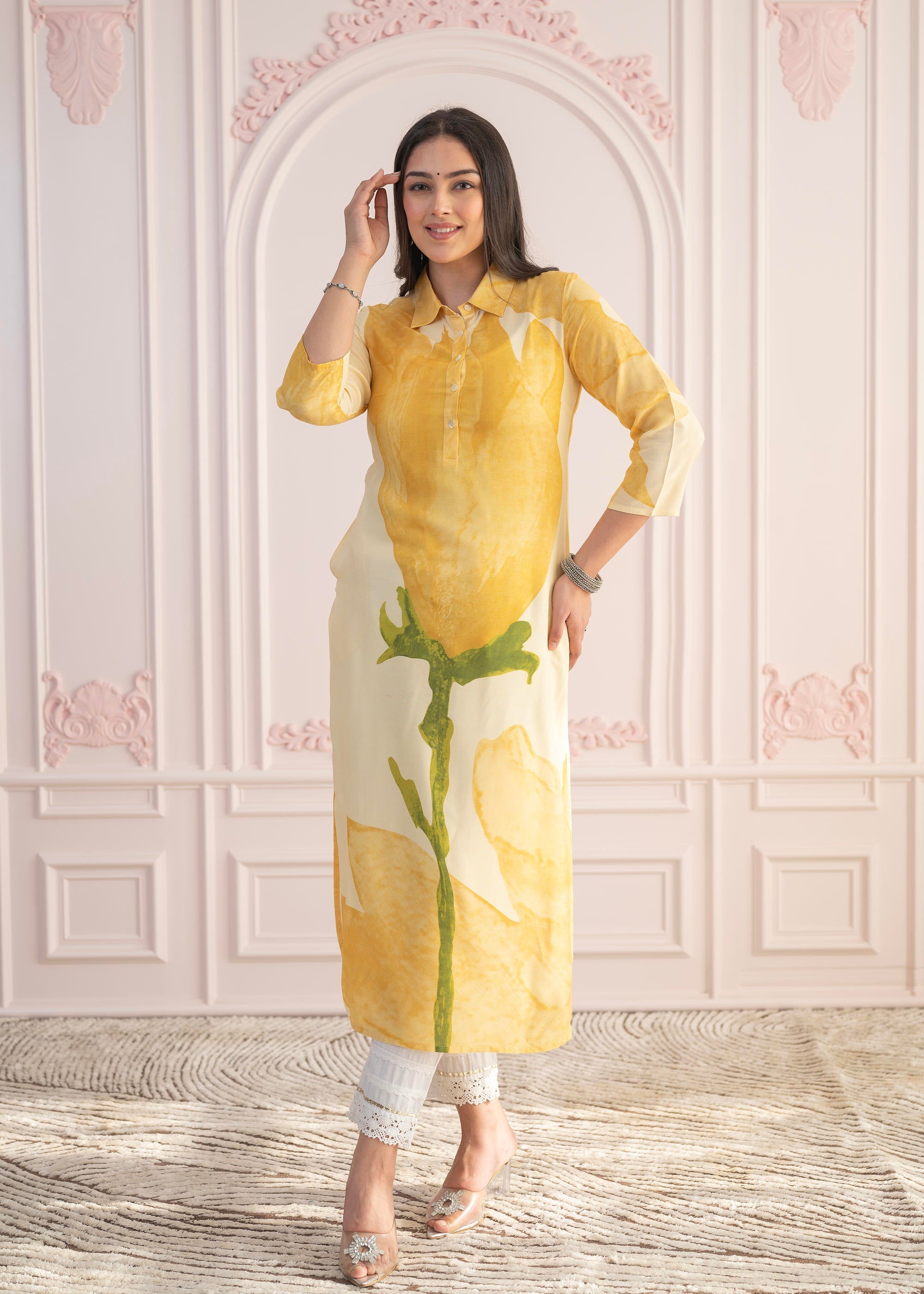Juniper Yellow Floral Printed Viscose Kurta with Button Details | Grocsy