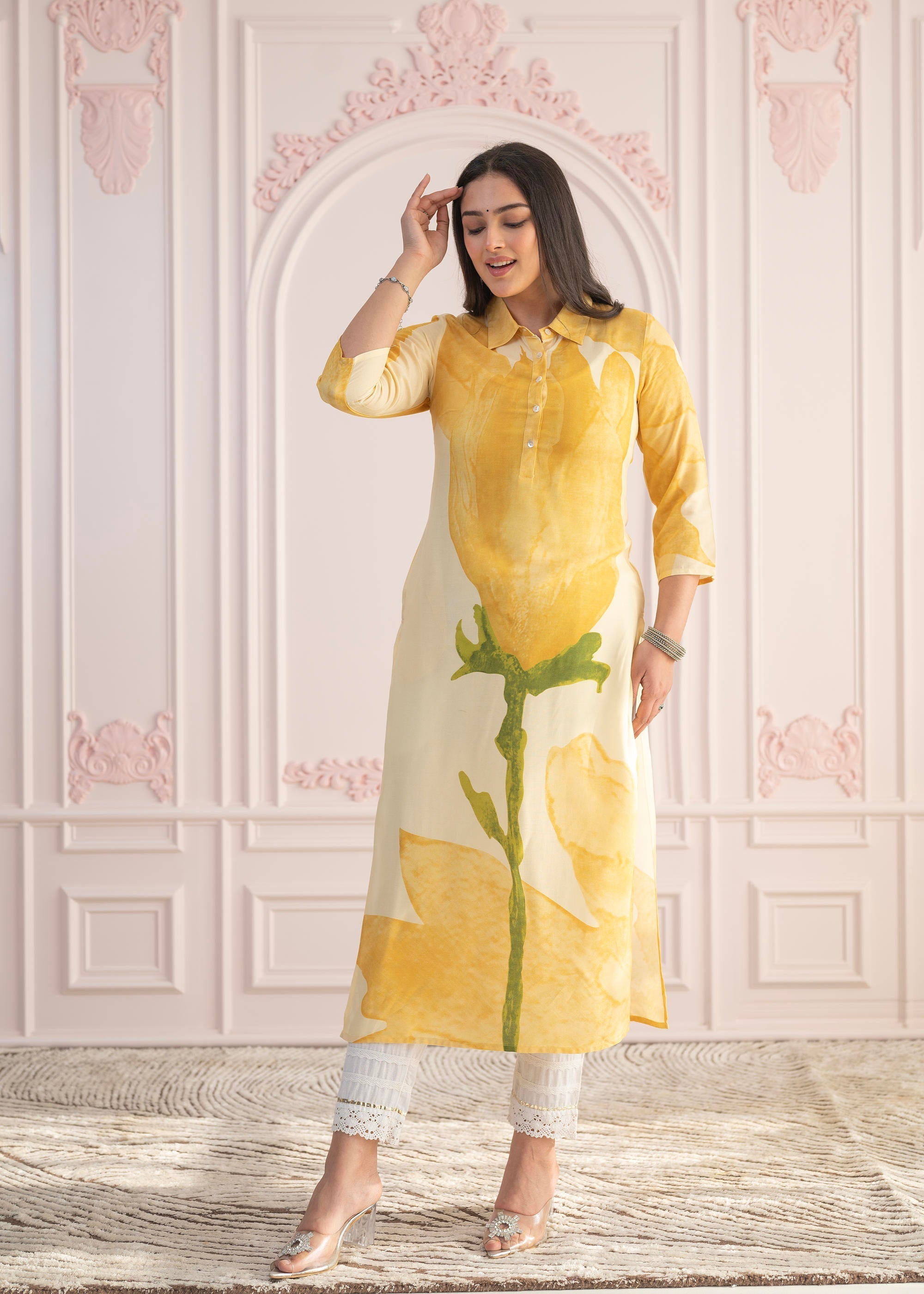Juniper Yellow Floral Printed Viscose Kurta with Button Details | Grocsy