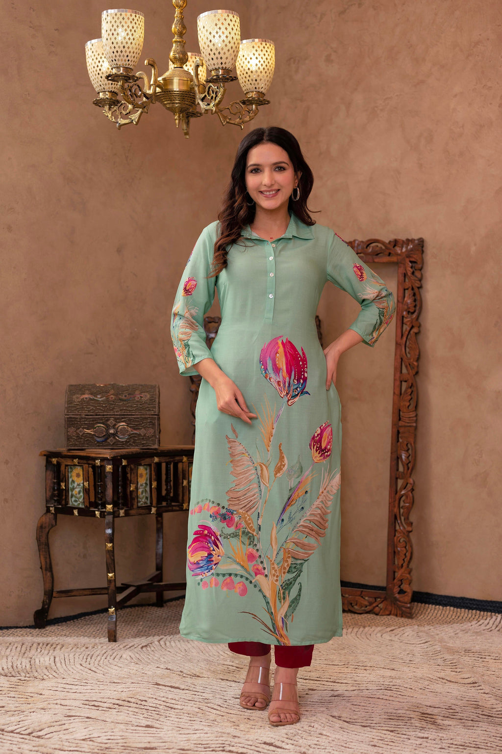 Juniper Mint Floral Printed Viscose Kurta with Shell Buttons | Grocsy