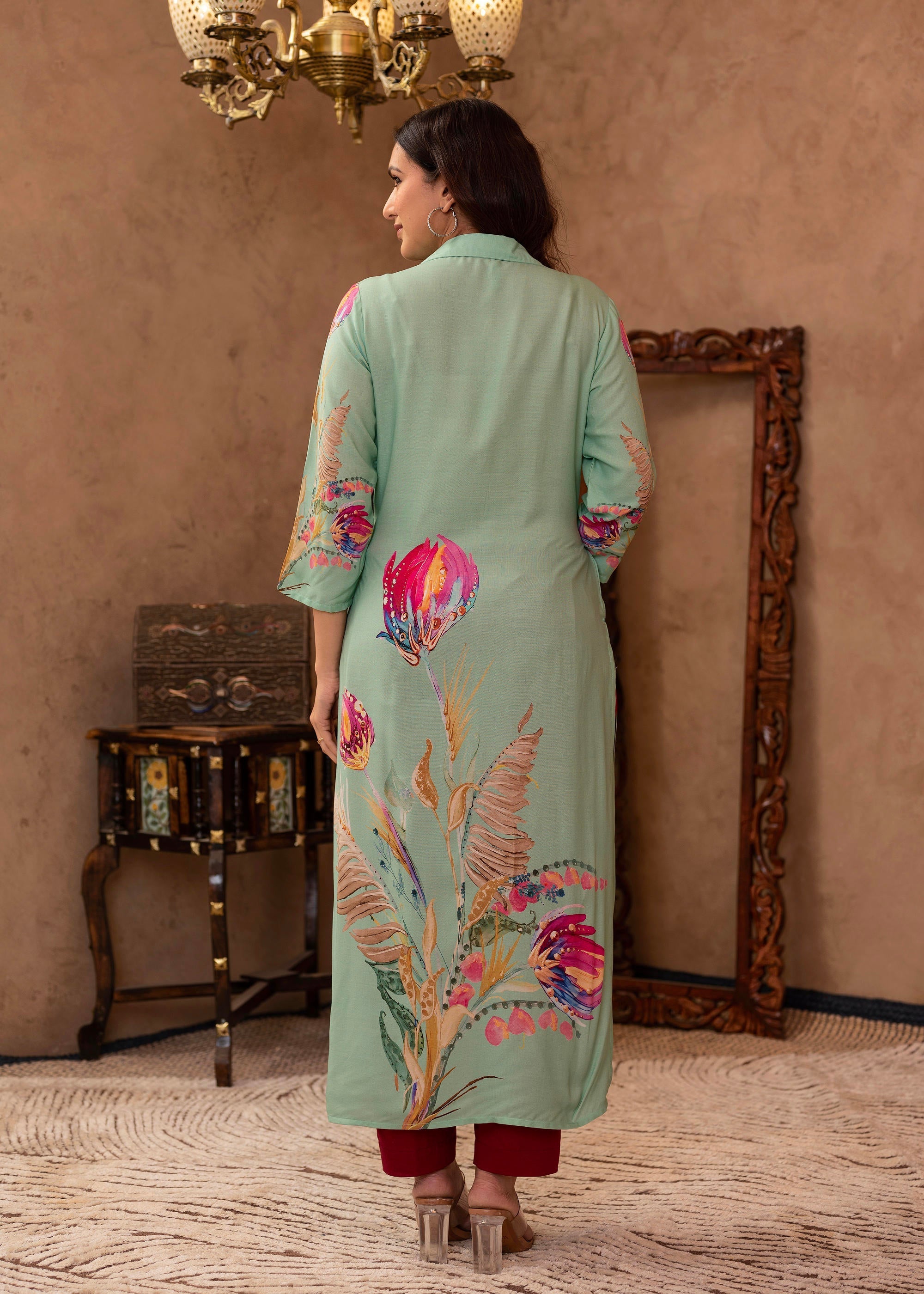 Juniper Mint Floral Printed Viscose Kurta with Shell Buttons | Grocsy