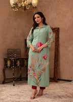 Juniper Mint Floral Printed Viscose Kurta with Shell Buttons | Grocsy