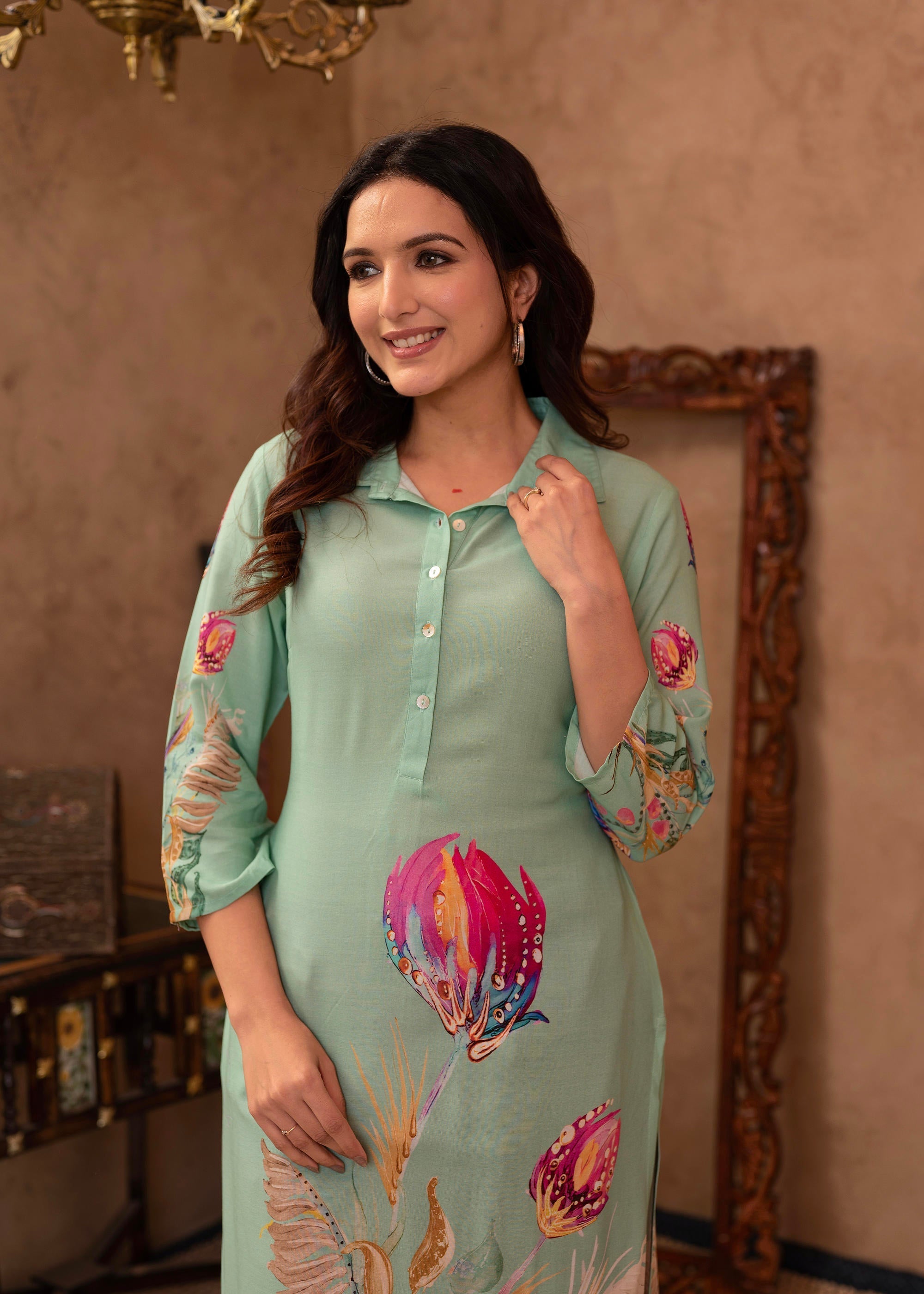 Juniper Mint Floral Printed Viscose Kurta with Shell Buttons | Grocsy