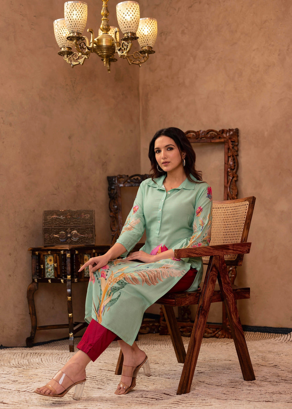 Juniper Mint Floral Printed Viscose Kurta with Shell Buttons | Grocsy