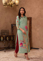 Juniper Mint Floral Printed Viscose Kurta with Shell Buttons | Grocsy