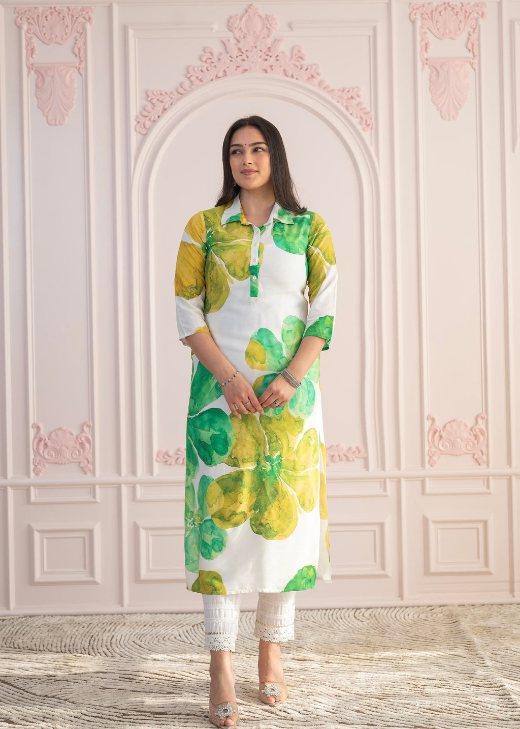 Juniper Green Floral Printed Viscose Kurta with Button Closure | Grocsy