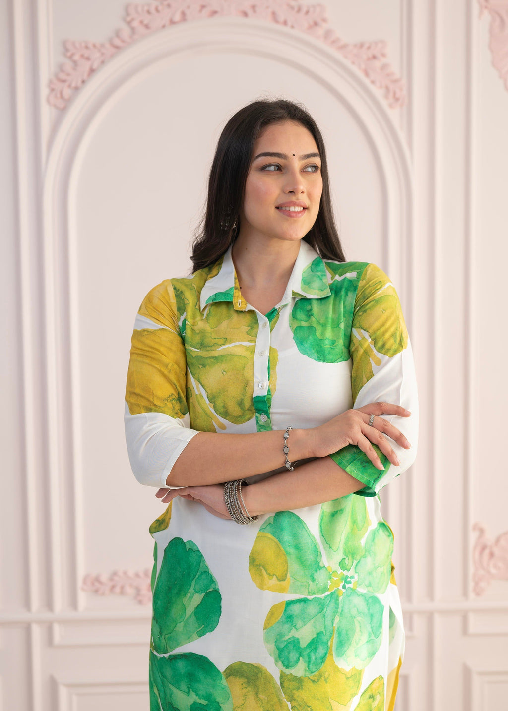 Juniper Green Floral Printed Viscose Kurta with Button Closure | Grocsy