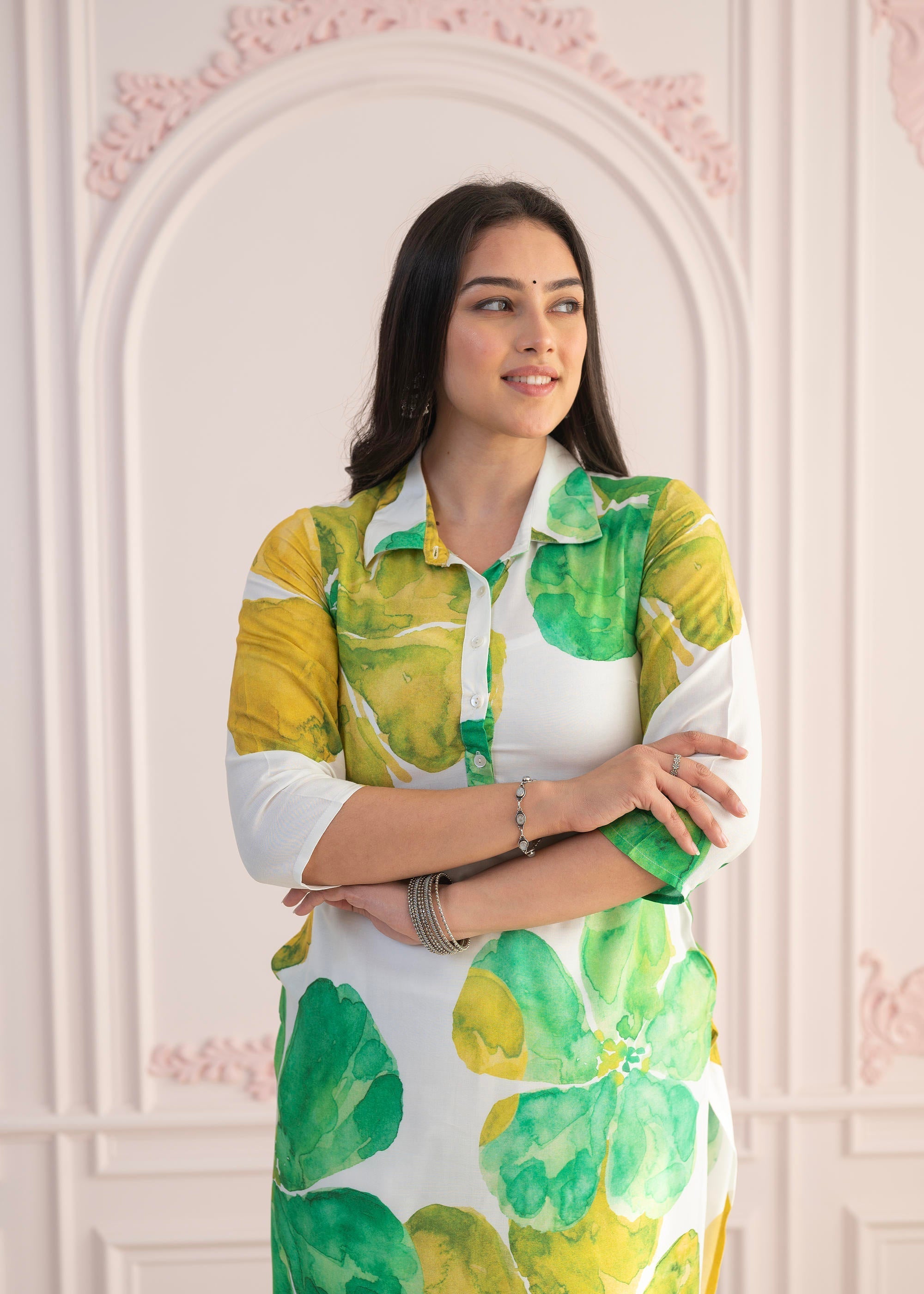 Juniper Green Floral Printed Viscose Kurta with Button Closure | Grocsy