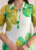 Juniper Green Floral Printed Viscose Kurta with Button Closure | Grocsy