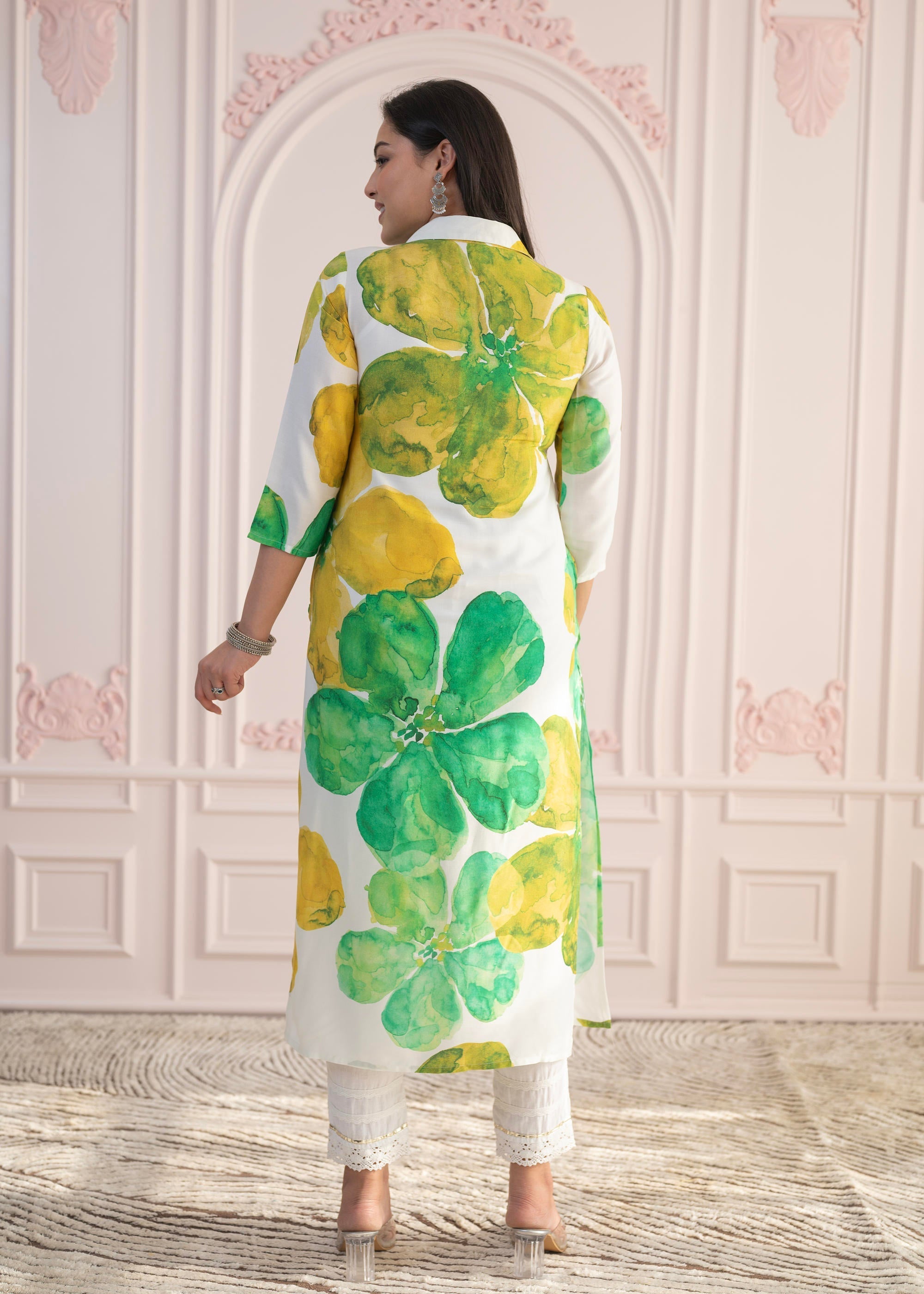 Juniper Green Floral Printed Viscose Kurta with Button Closure | Grocsy