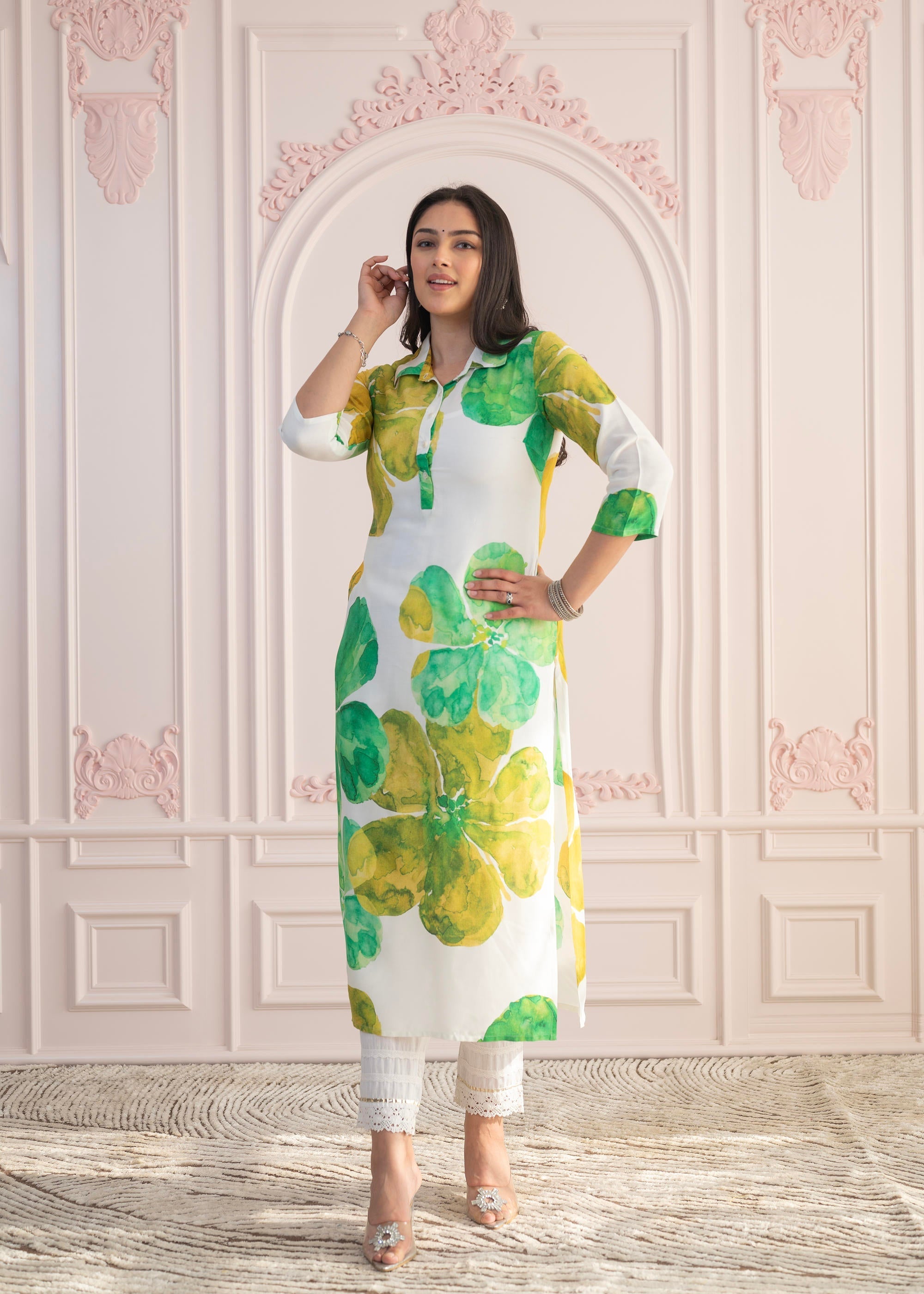 Juniper Green Floral Printed Viscose Kurta with Button Closure | Grocsy