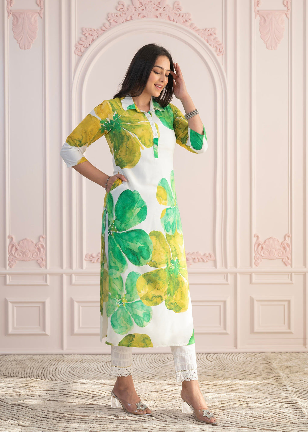Juniper Green Floral Printed Viscose Kurta with Button Closure | Grocsy