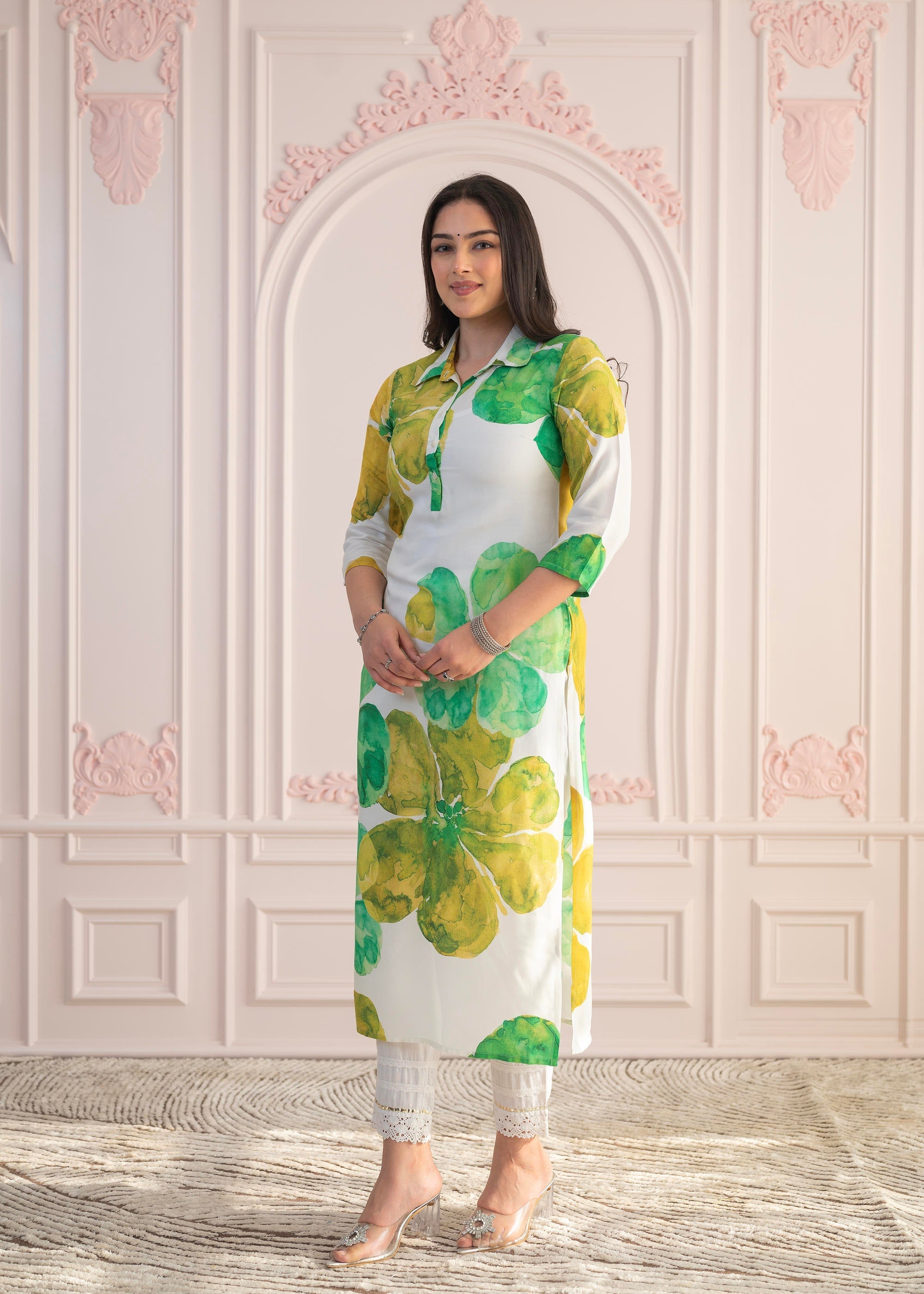 Juniper Green Floral Printed Viscose Kurta with Button Closure | Grocsy