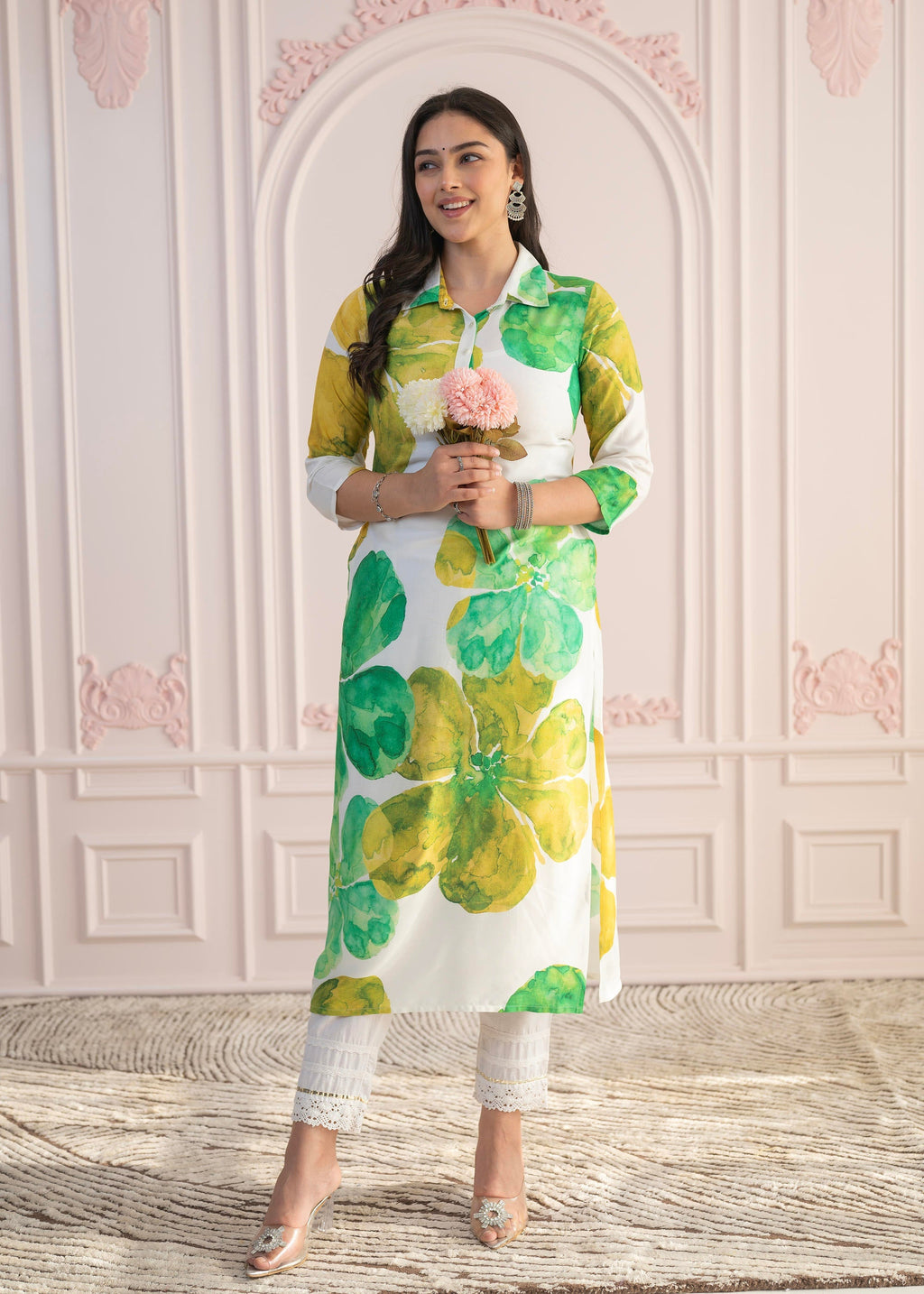 Juniper Green Floral Printed Viscose Kurta with Button Closure | Grocsy