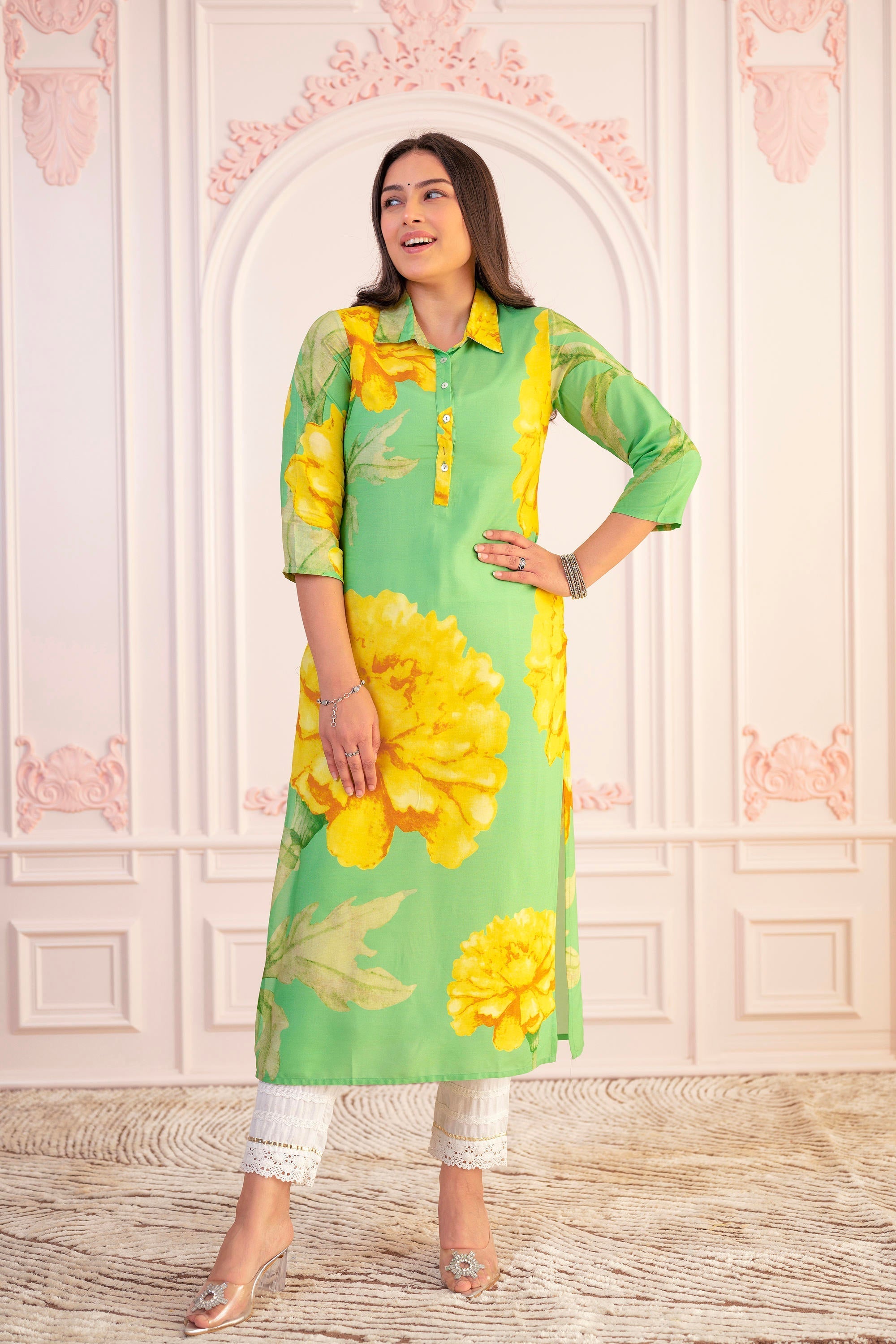 Juniper Green & Yellow Printed Viscose Kurta with Button Details | Grocsy