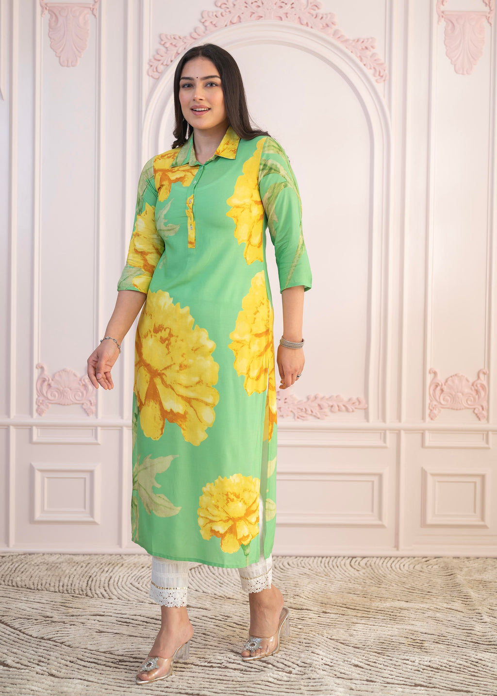 Juniper Green & Yellow Printed Viscose Kurta with Button Details | Grocsy