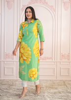 Juniper Green & Yellow Printed Viscose Kurta with Button Details | Grocsy