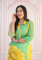 Juniper Green & Yellow Printed Viscose Kurta with Button Details | Grocsy